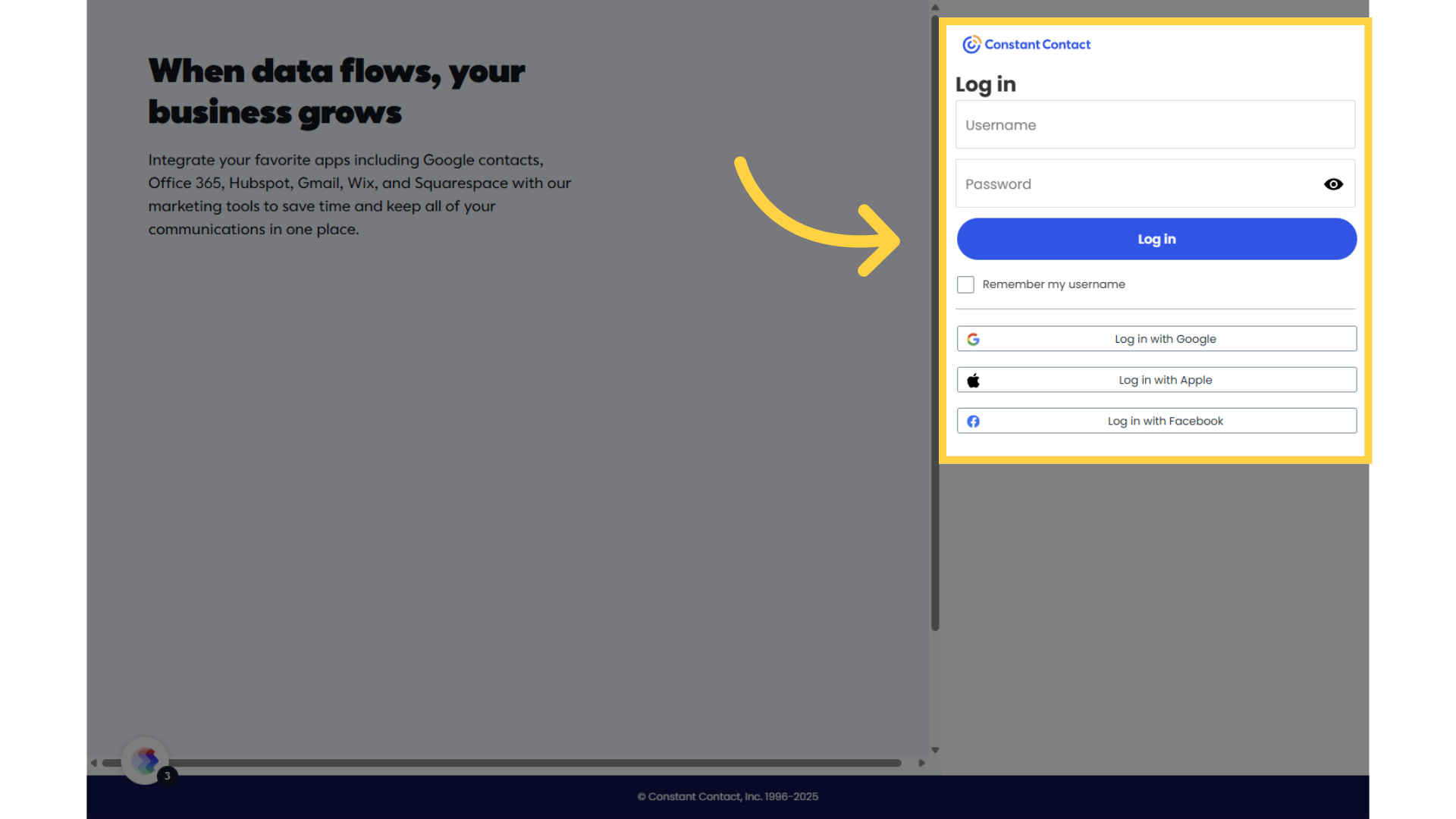 Enter login info for Constant Contact in the pop-up and click âLog inâ to submit.