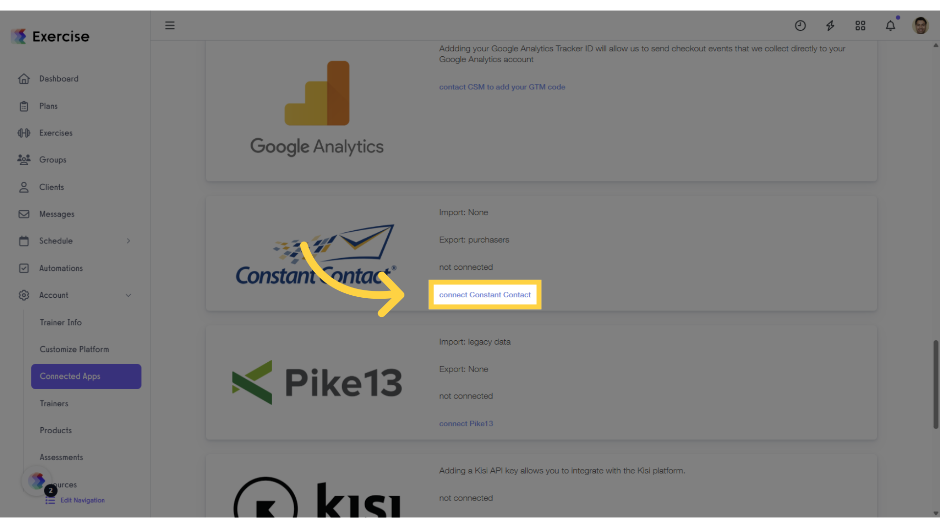 Scroll down and click âconnect Constant Contact.â