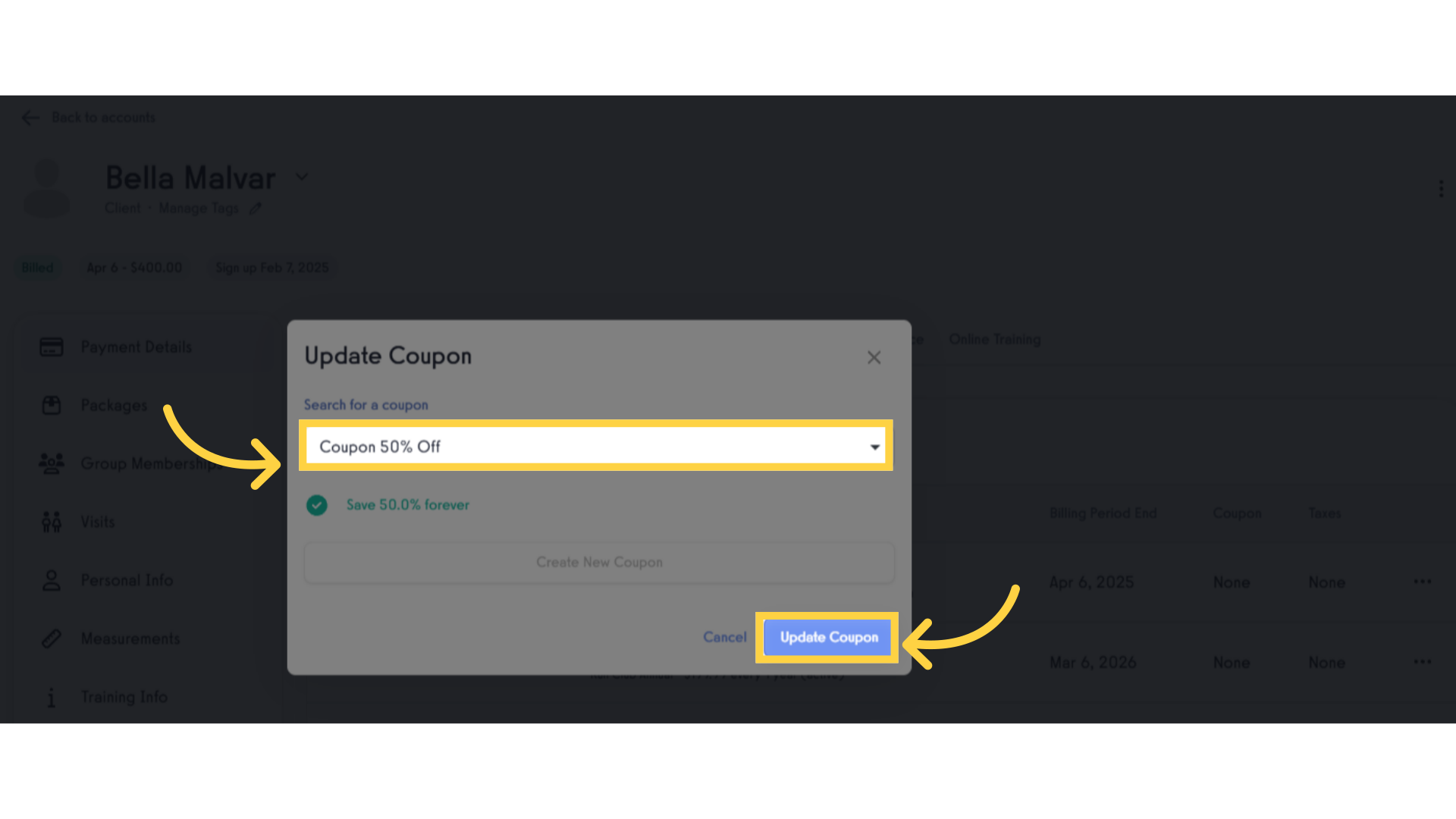 Search and select for available coupon to apply in the existing subscription.
