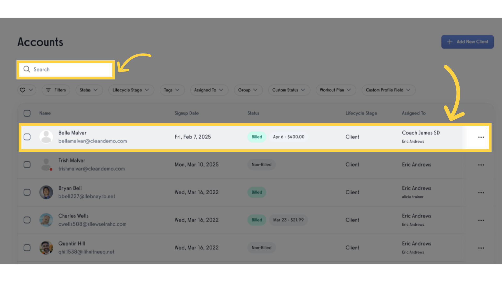 Search or select specific client.
