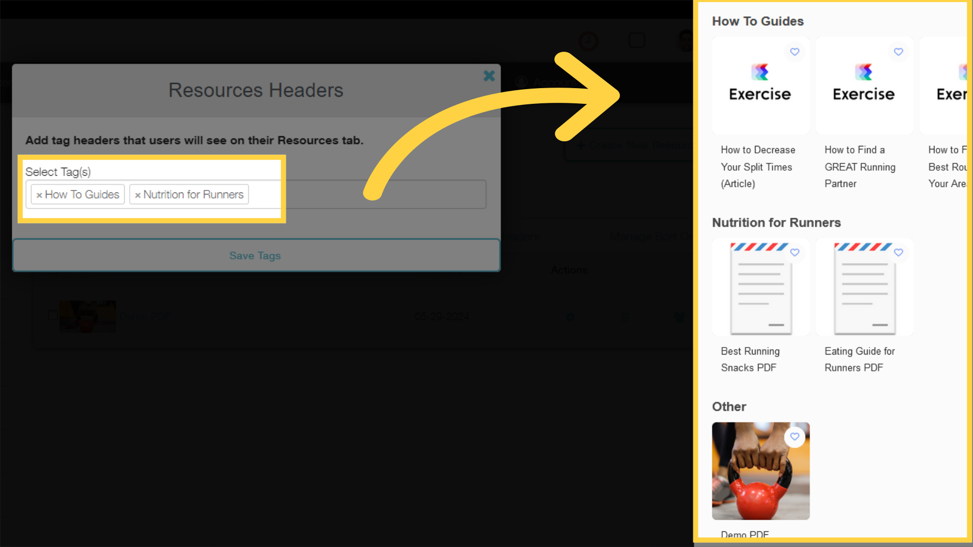 Once you add Tags as Resource Headers, your Apps Resources page will be organized with the headers you choose.