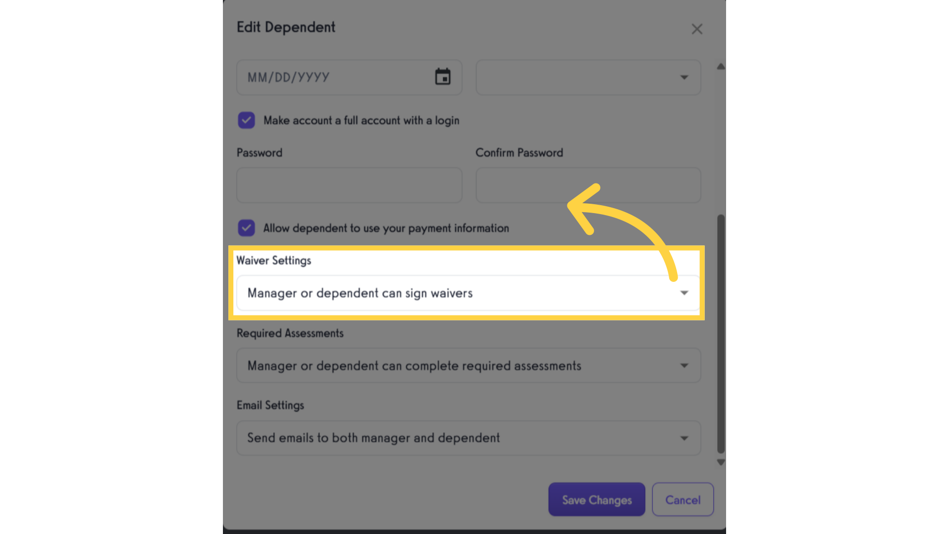 Select Waiver Settings