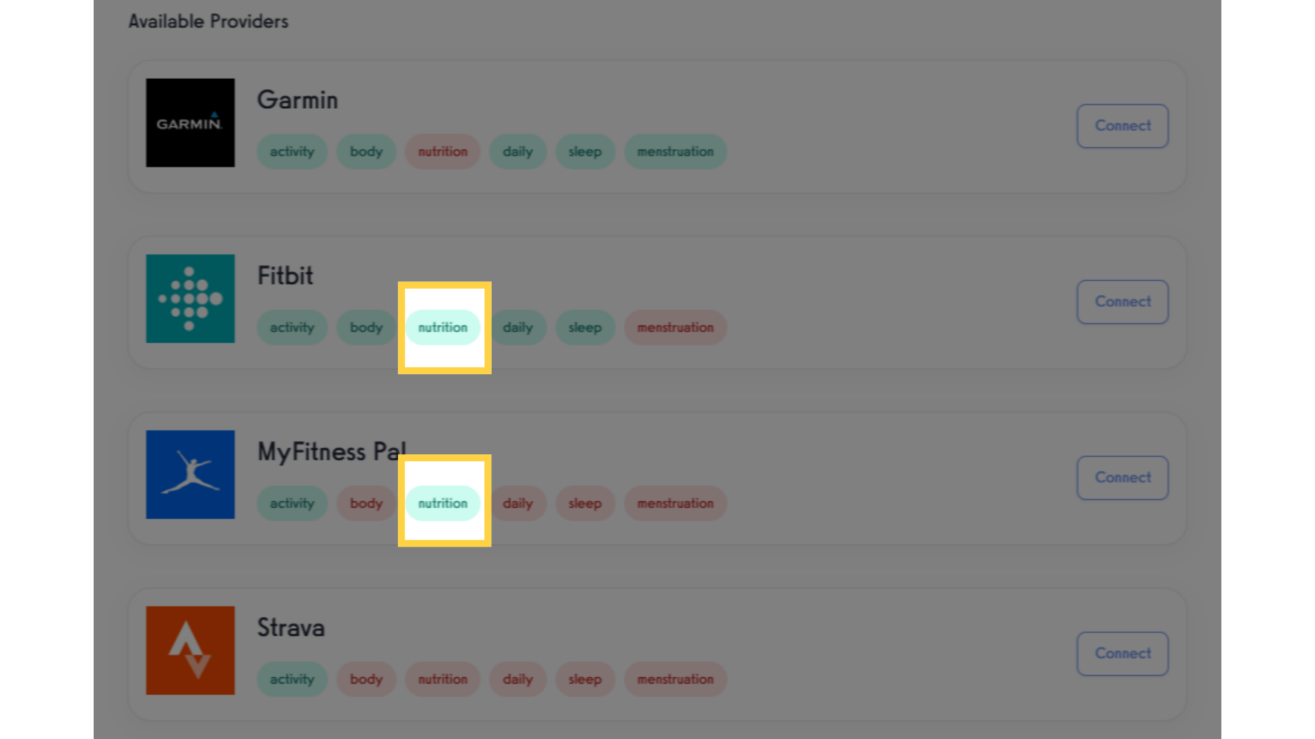 Nutrition logs will be logged with nutrient breakdowns on the Nutrition page.