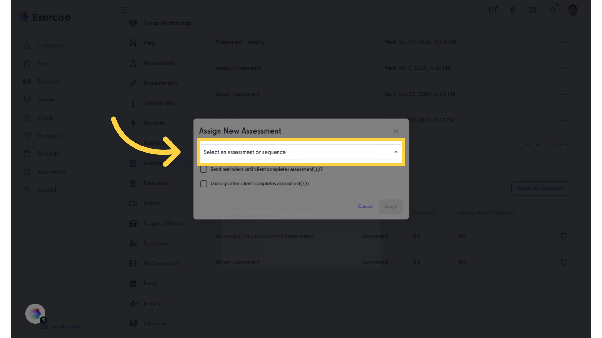 Click 'Select an assessment or sequence.'