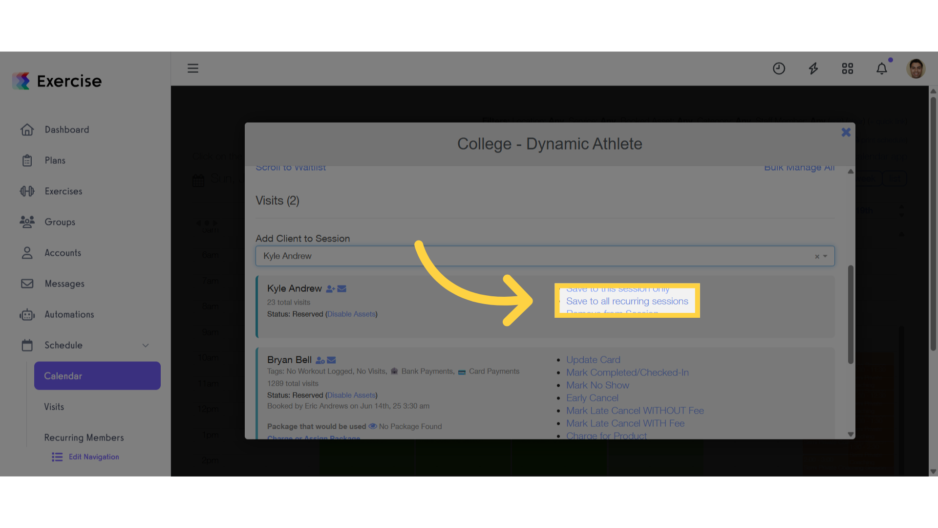 Click 'Save to all recurring sessions'