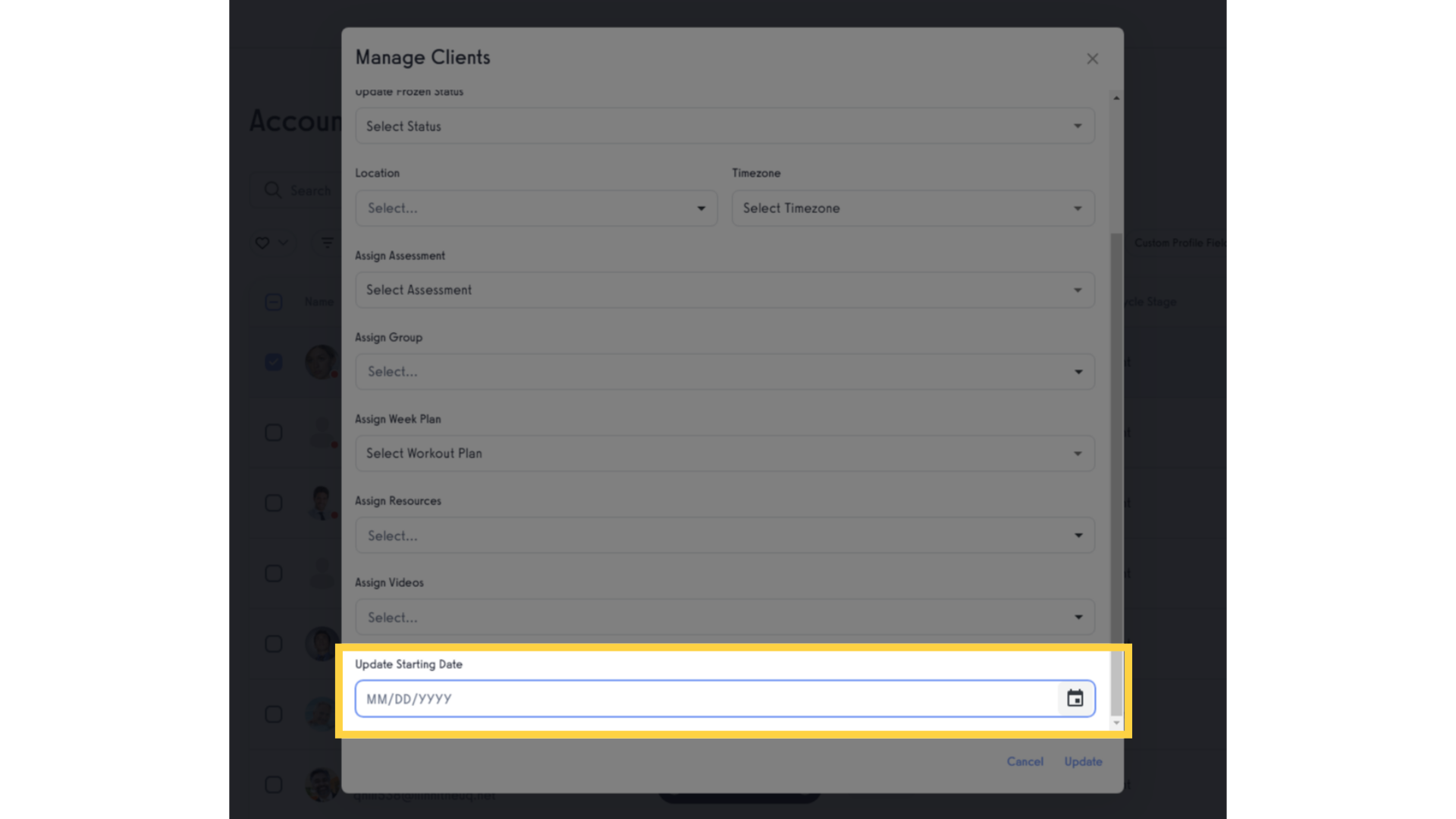 Search for the 'Update Starting Date' section.