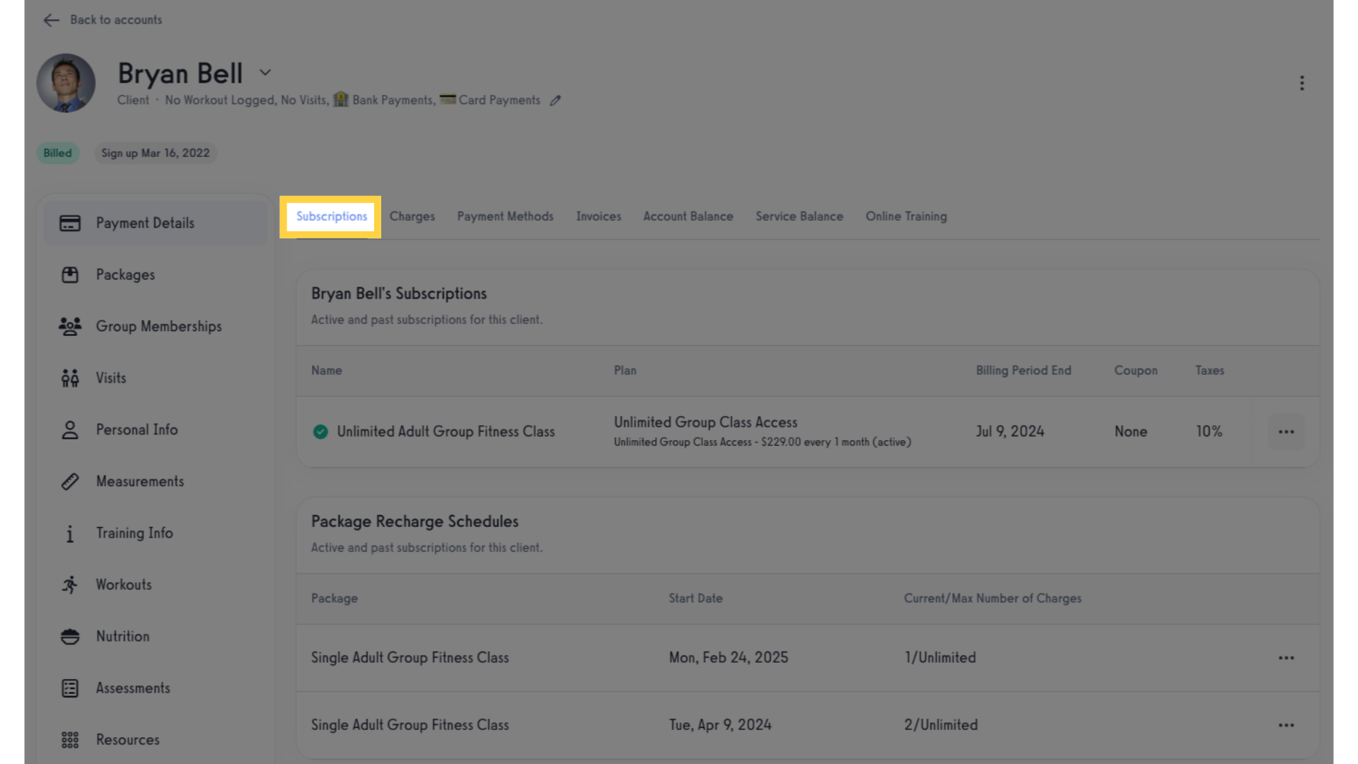 Subscriptions page.