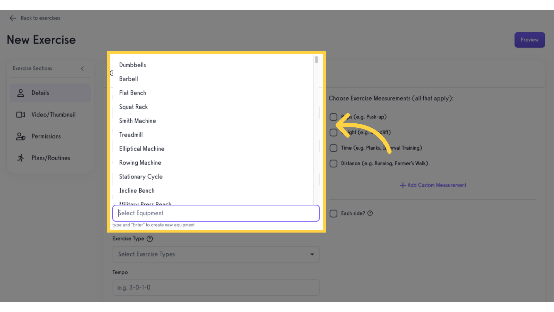 Click the 'Equipment' field.
