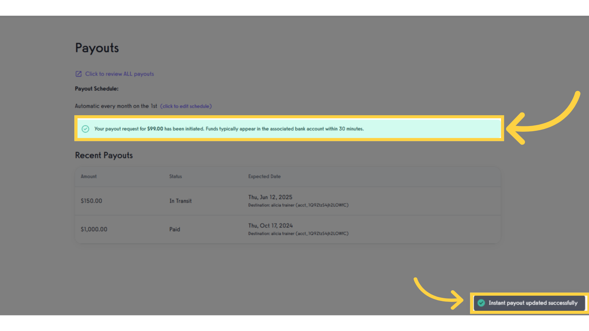 Able to process Instant Payout.