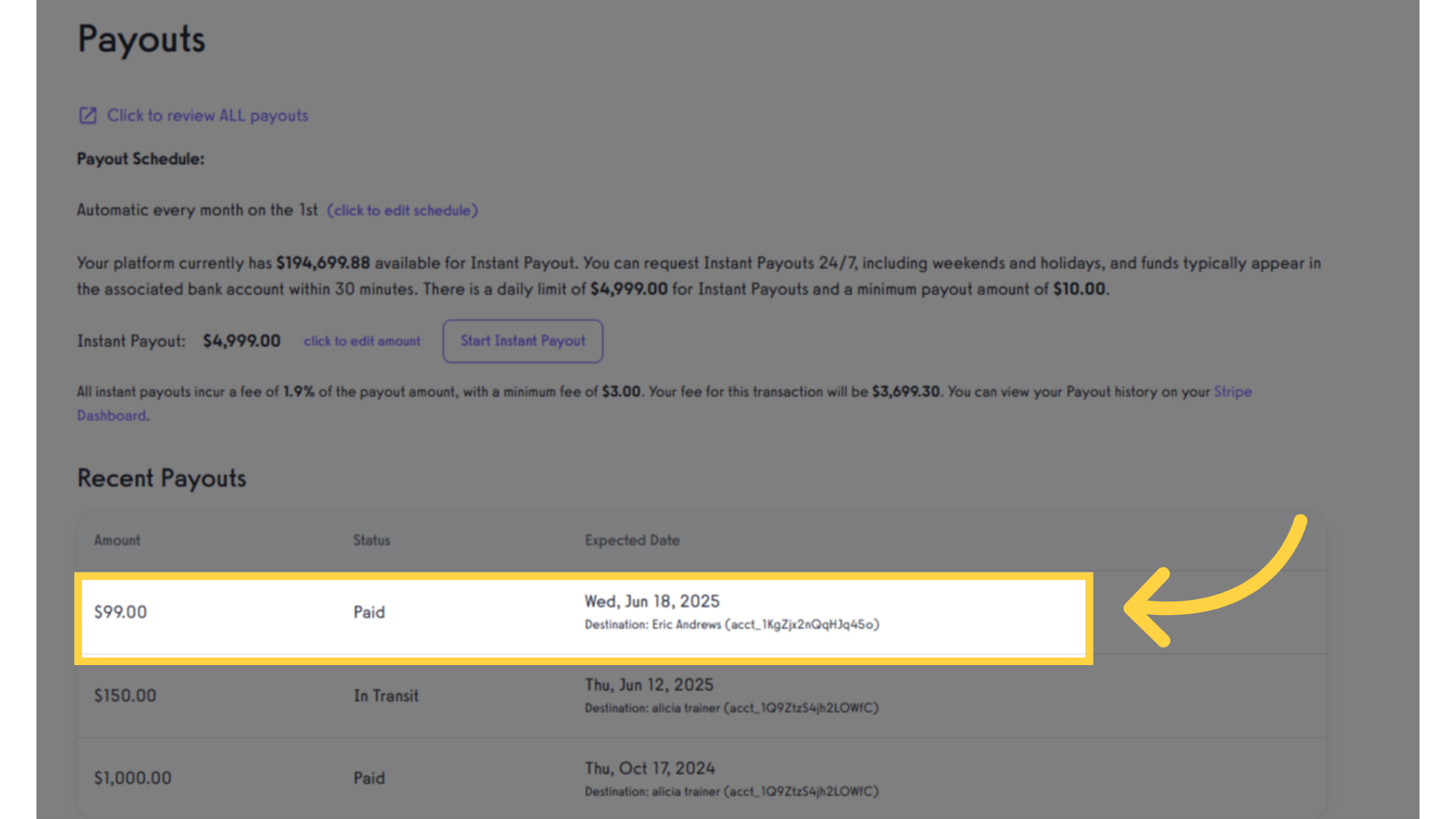 Able to view processed payout.