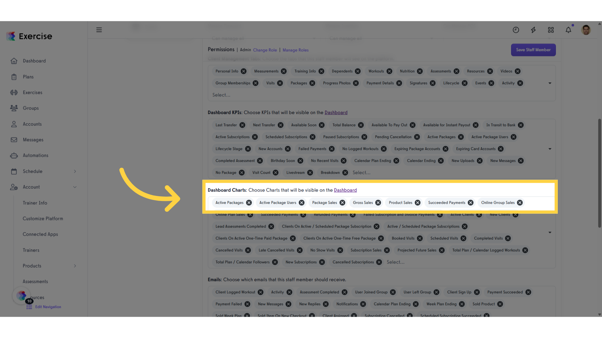 Search for the 'Dashboard Charts' section
