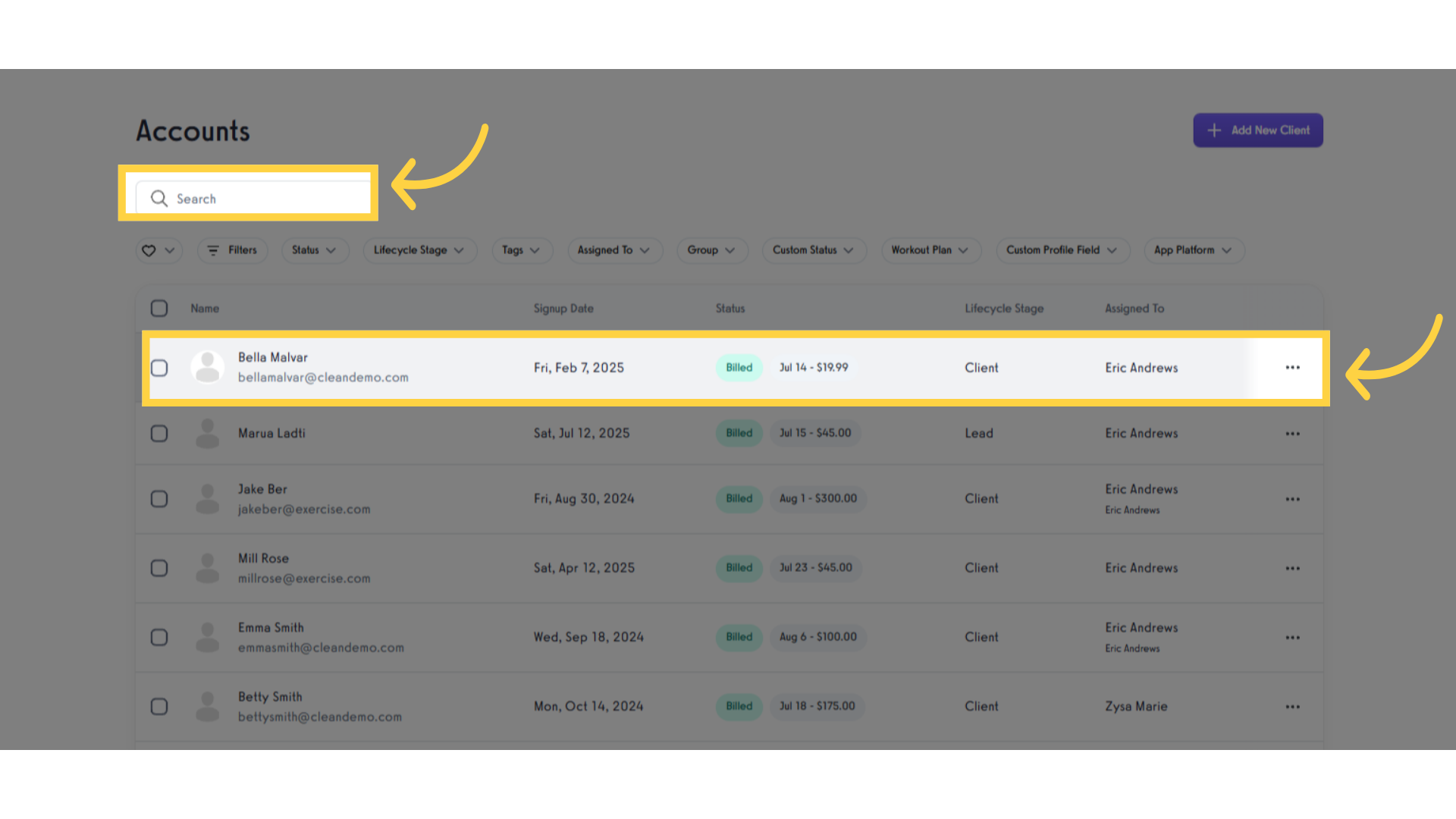 Search for or select the client whose workout you want to hide.