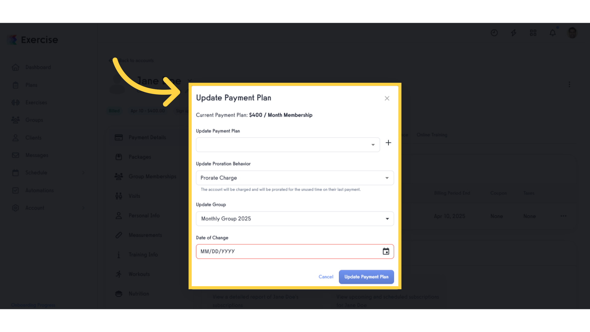 Update Payment Plan Modal.