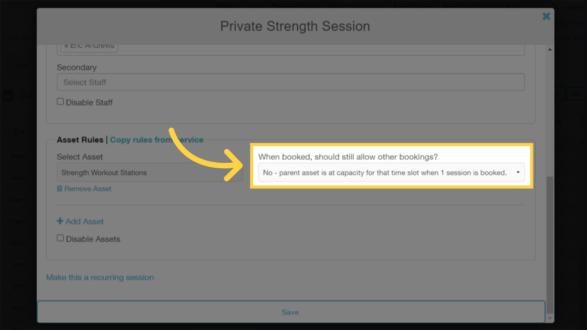 For room rentals, team sessions, and group events like camps and clinics, we recommend the option to set the Parent Asset at capacity when 1 session is booked.