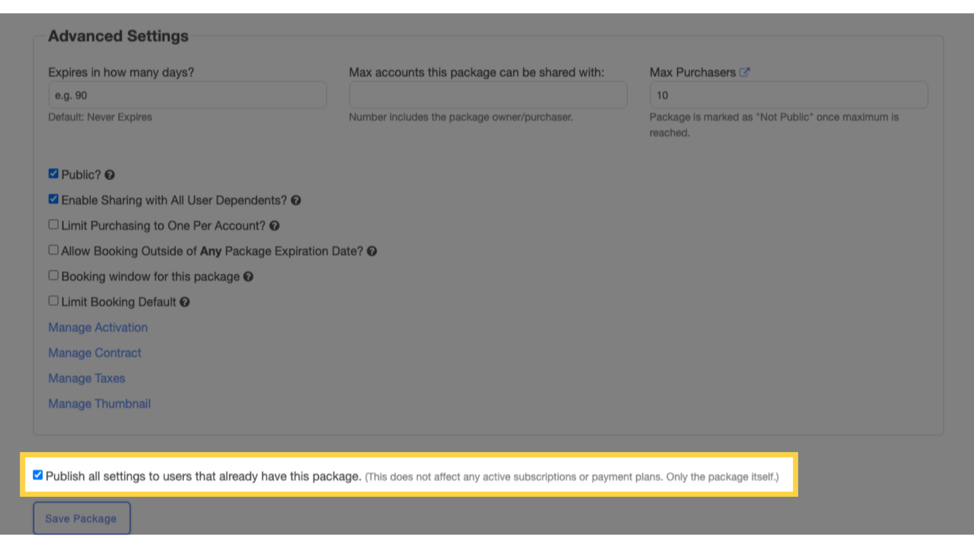 Publish all settings to users that already have this package.