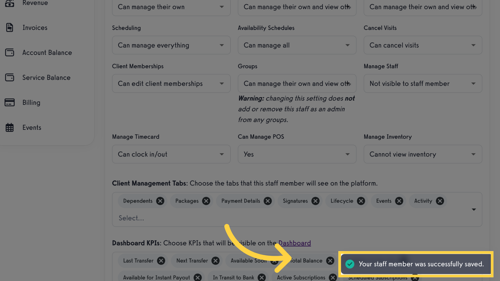 Click 'Your staff member was successfully saved.'