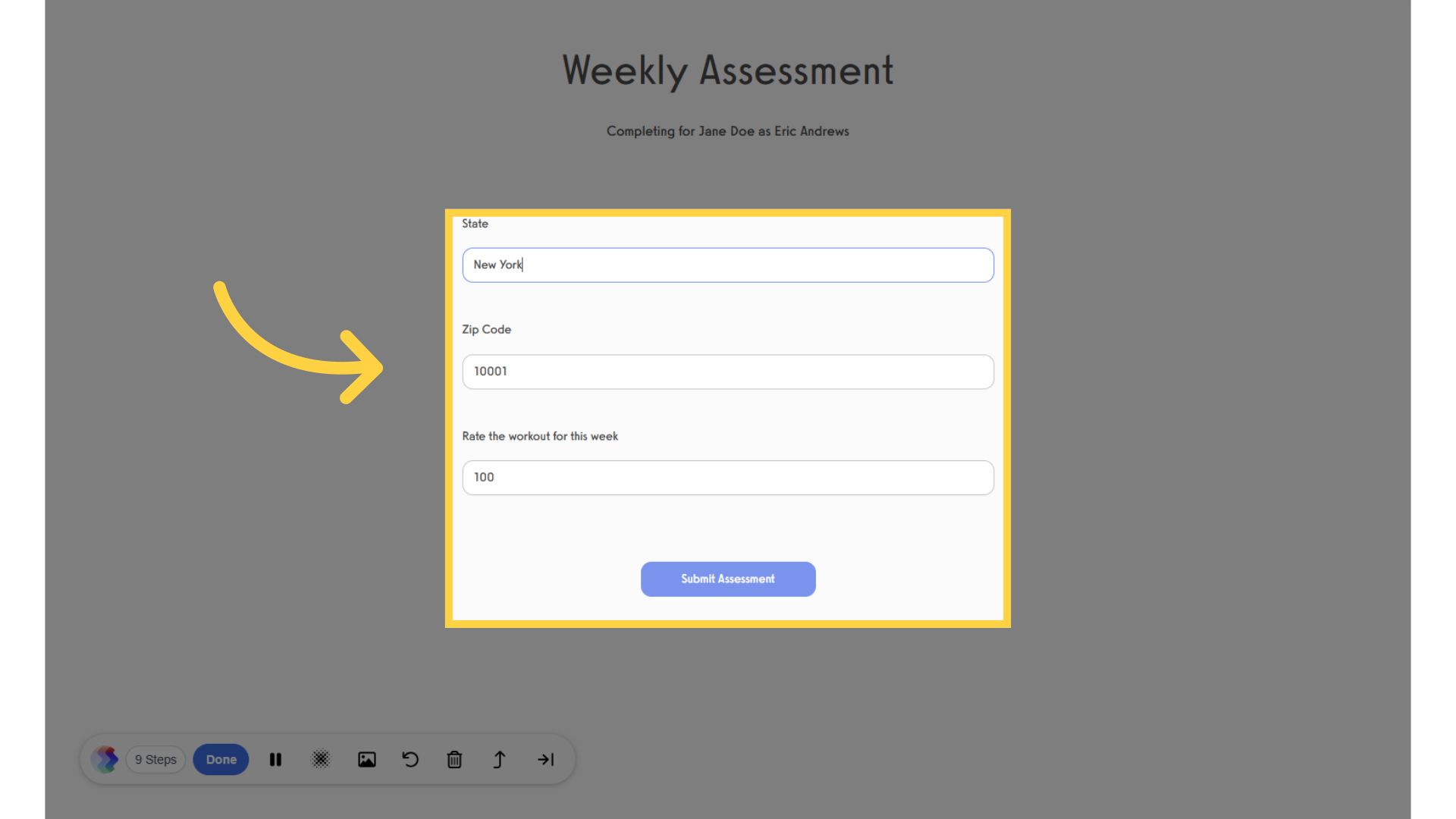 Modify the input fields and click 'Submit Assessment.'