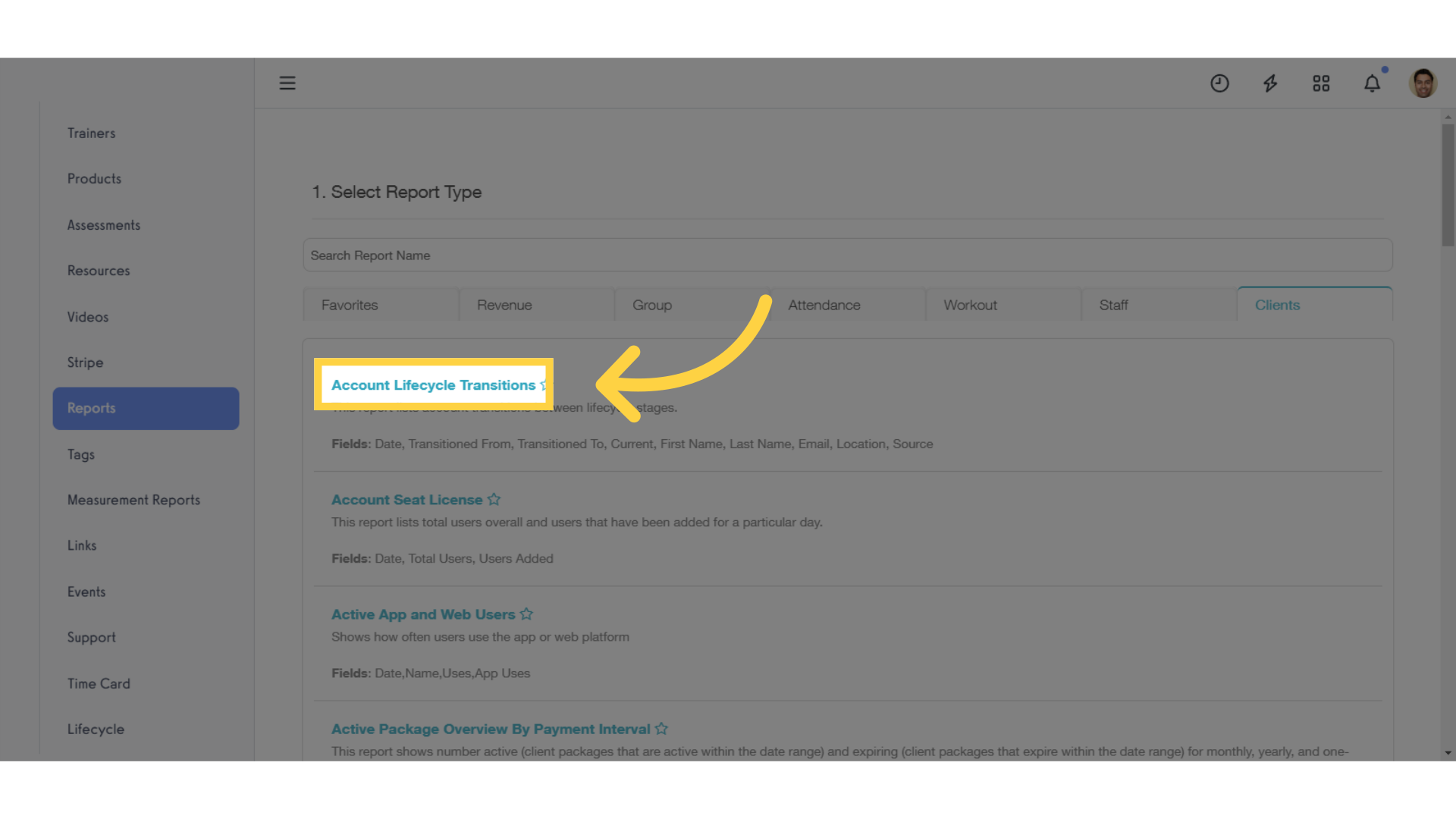 Click the 'Account Lifecycle Transitions' report.