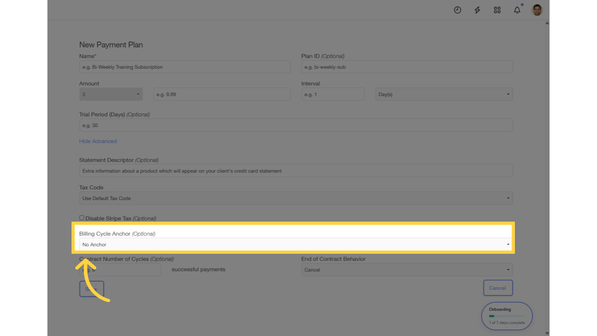 Select Plan Billing Cycle Anchor (Optional).