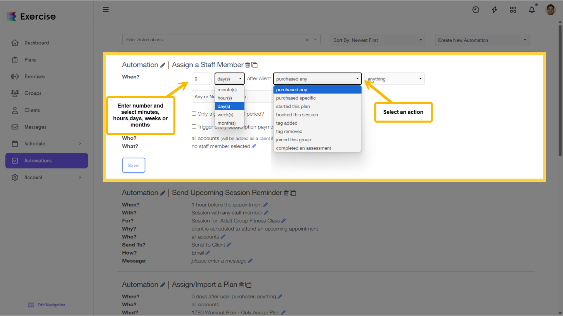 Select the action that will trigger the staff assignment.