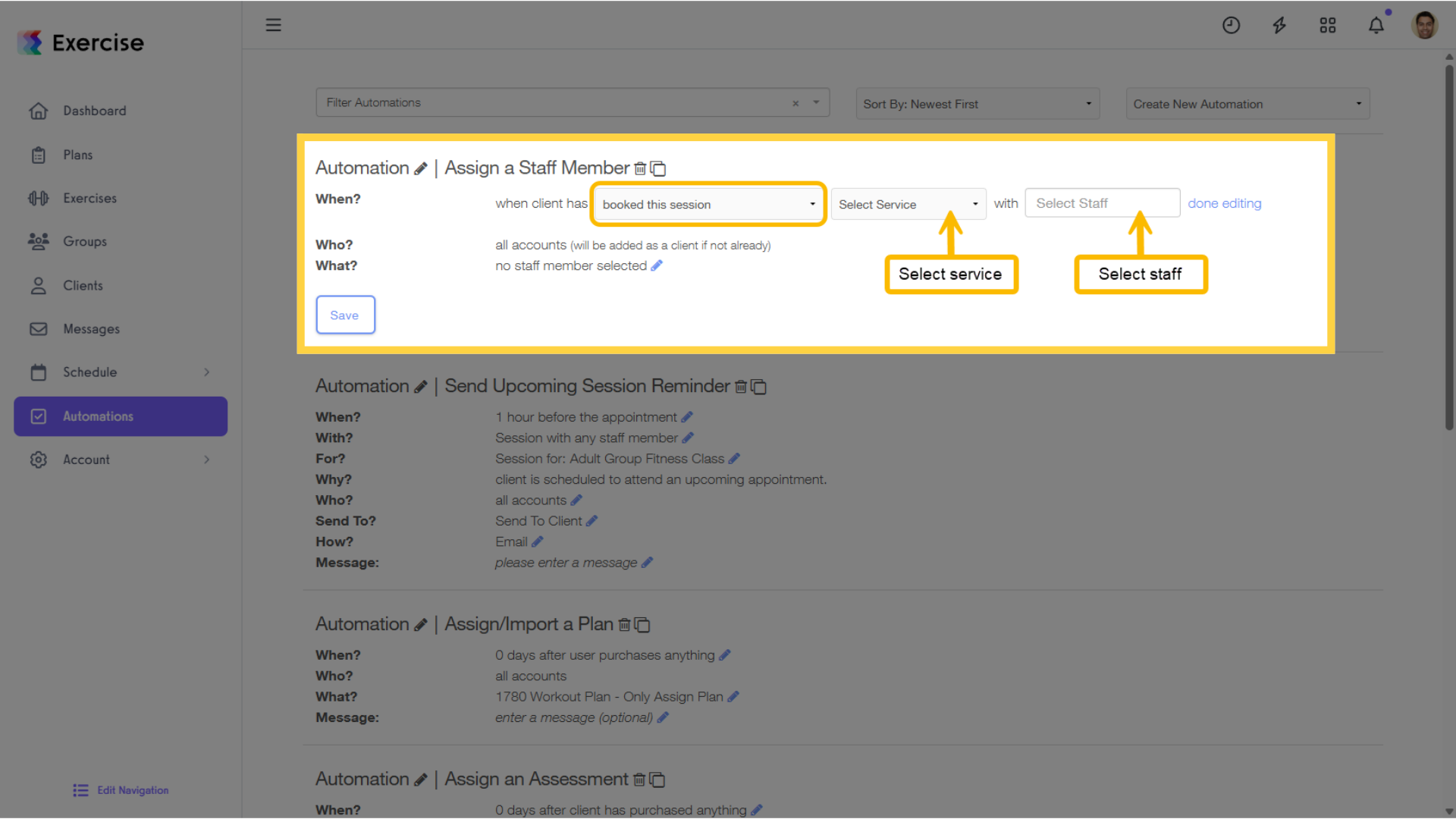 Option 3: For âbooked this session,â select the service and staff.