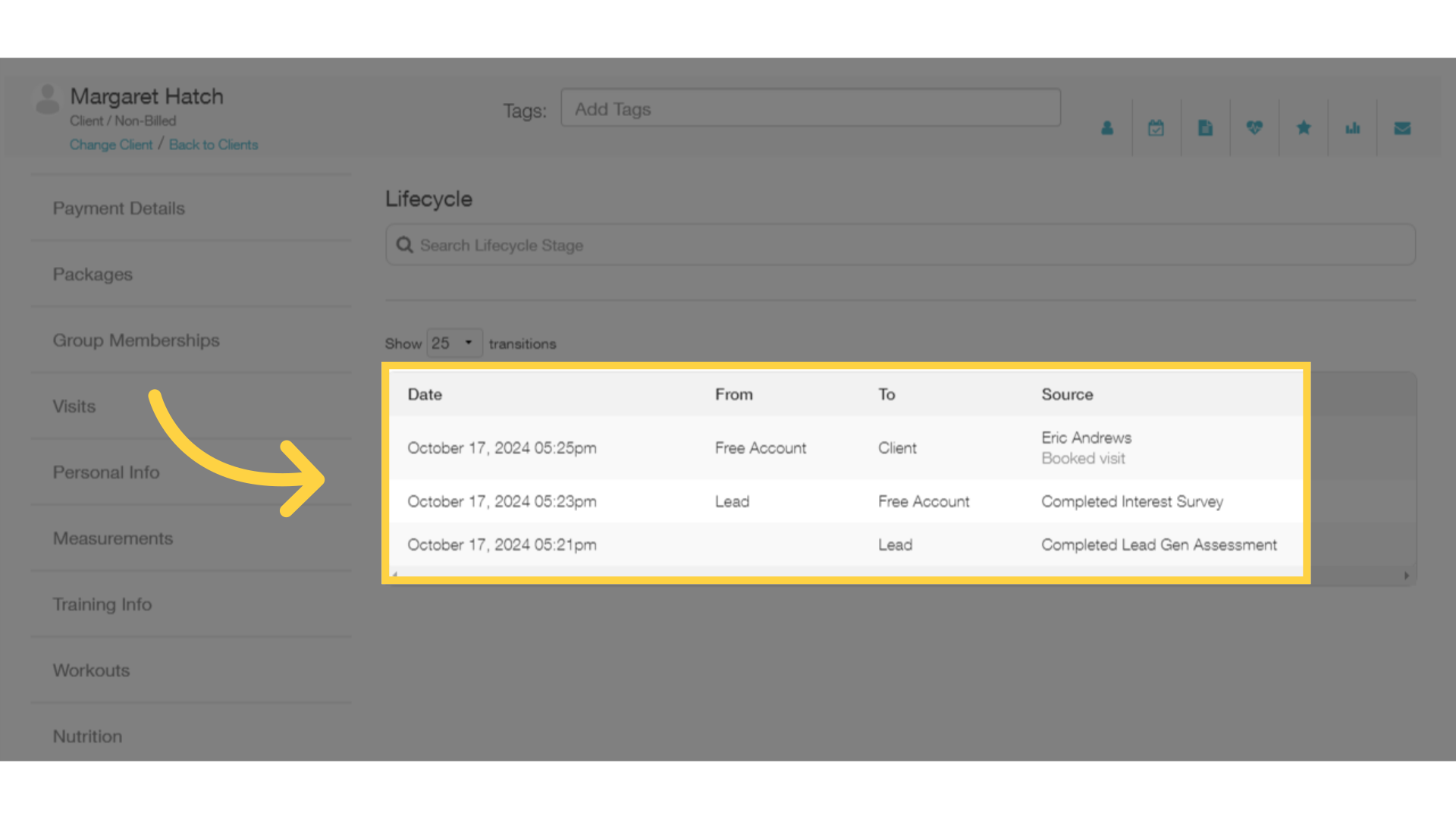 You can use the 'Manage Client: Lifecycle' view to see how and when someone moved from one Lifecycle Stage to another.