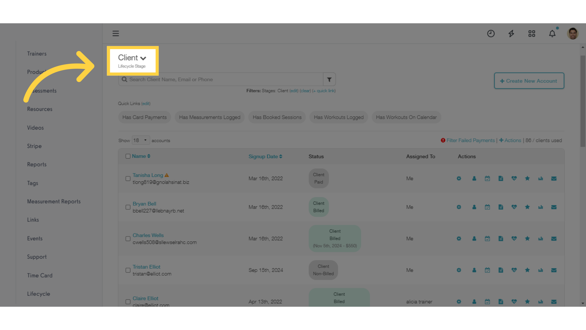 The new Lifecycle Stage selector on your Clients tab makes it easy to navigate all accounts in your platform.