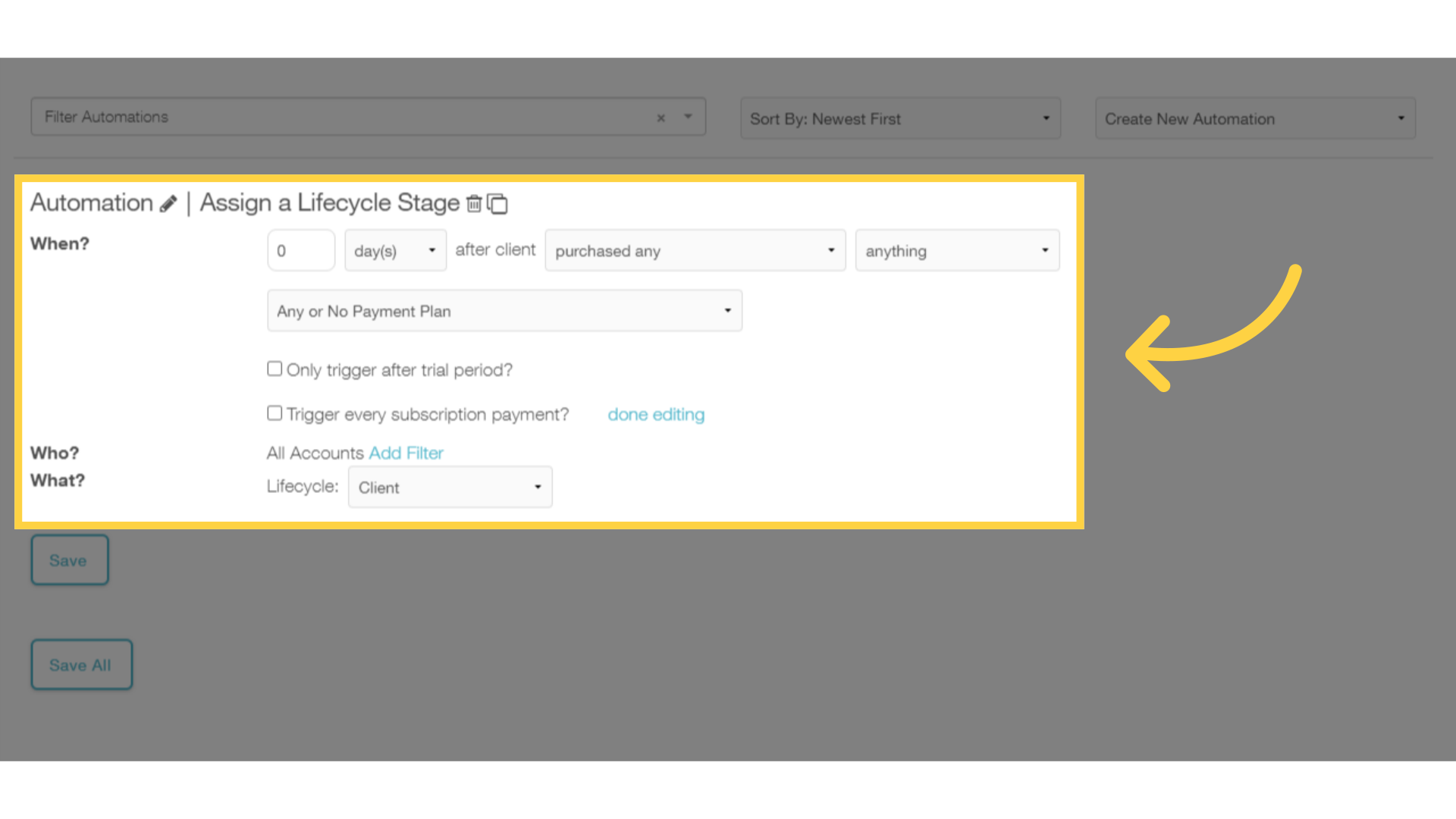 Use the 'Assign a Lifecycle Stage' automation to move accounts from stage to stage.