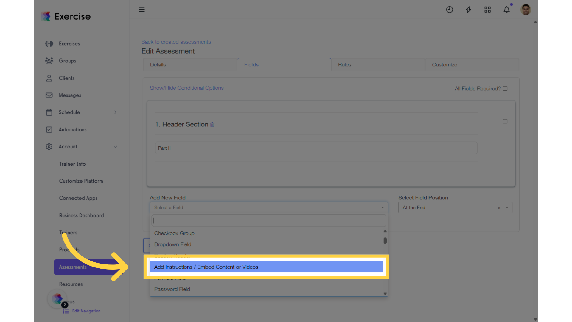 Click 'Add Instructions / Embed Content or Videos' in the drop-down list.