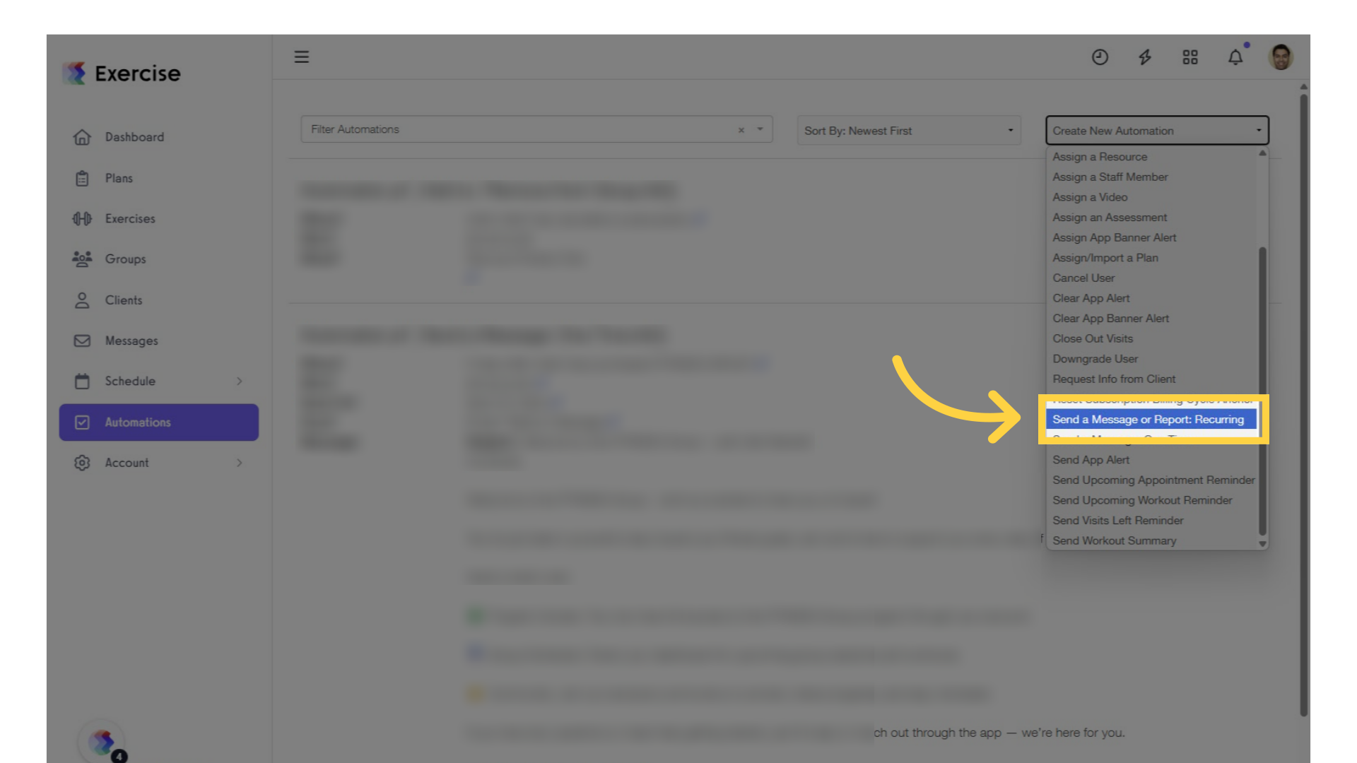 Click on âCreate New Automationâ and select âSend a Message or Report: Recurringâ from the drop-down.