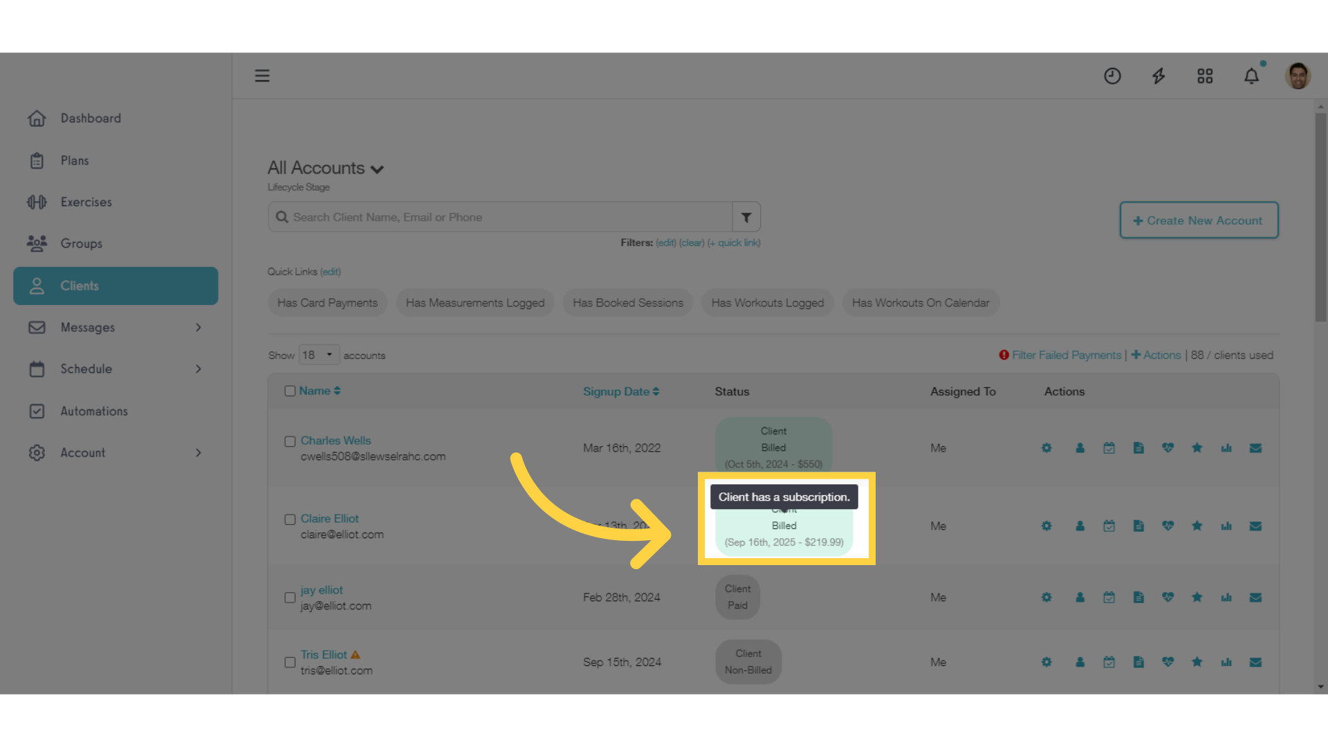 Click the client's Billing Status to open the Manage Client: Payment Details view.