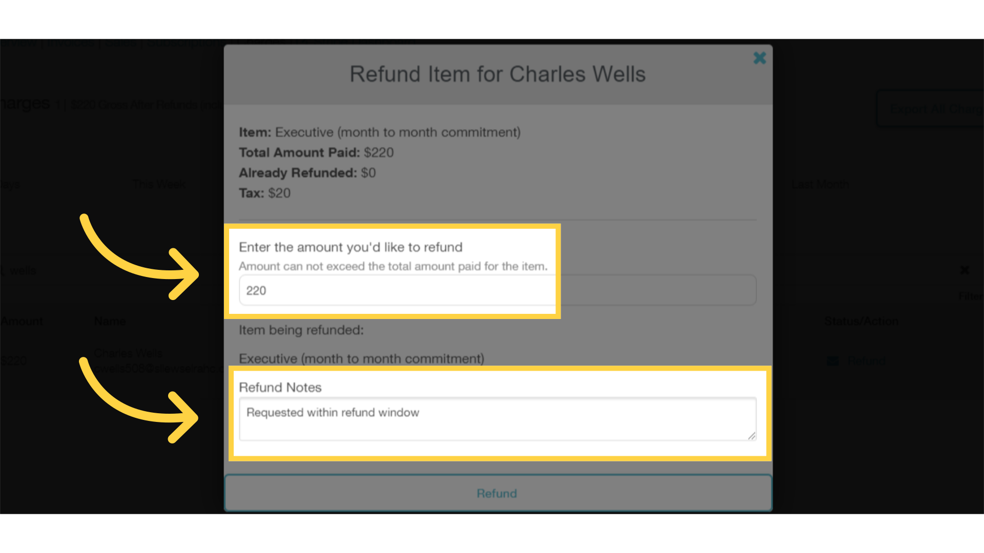 Specify the refund amount and any notes you'd like to include.