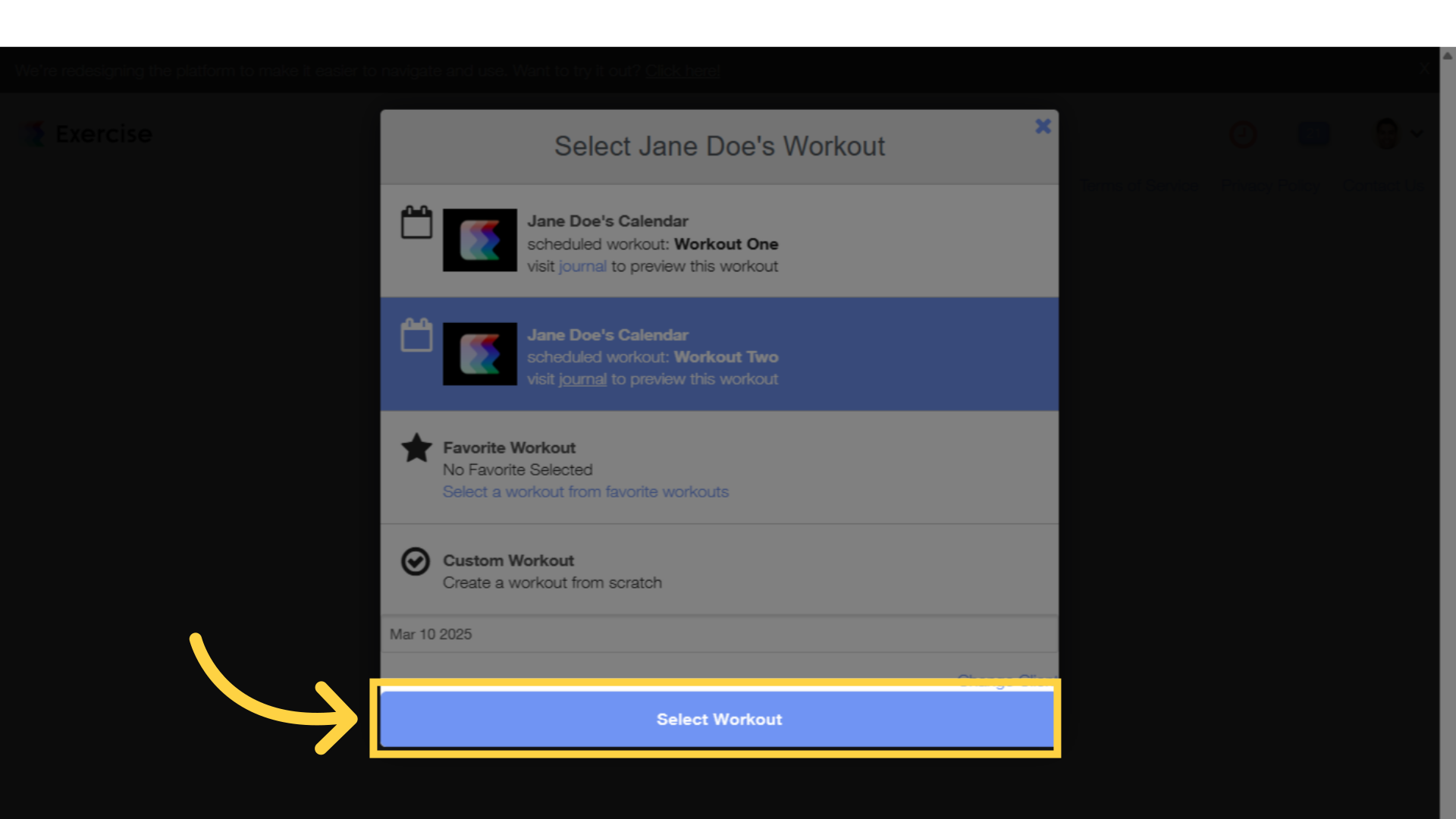 Click 'Select Workout'.