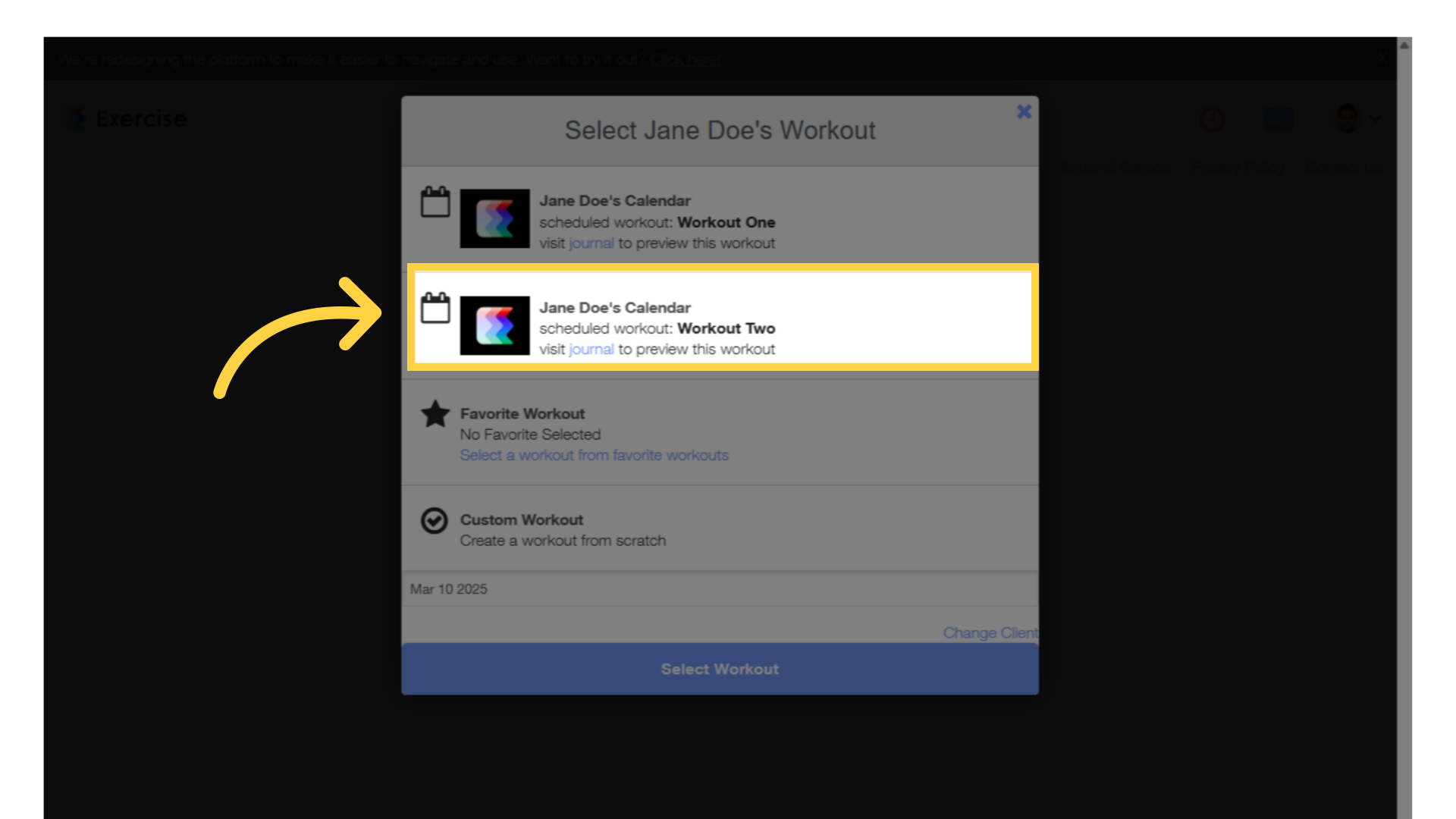 Click the Client's Workout.