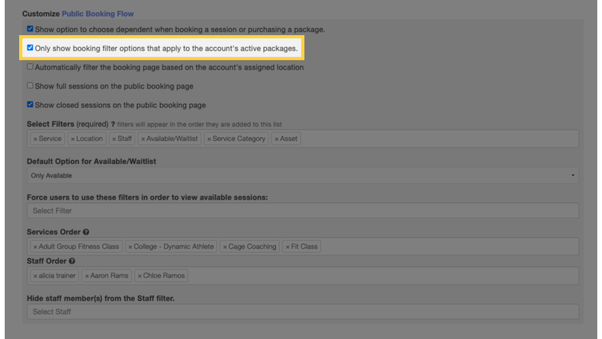 Only show booking filter options that apply to the account’s active packages.