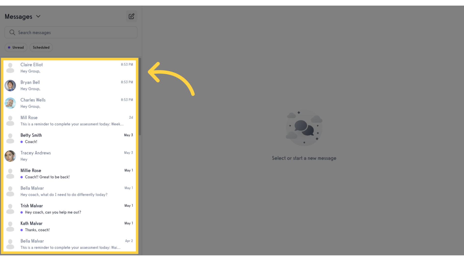 Select the client you would like to send a message to or create a new message.