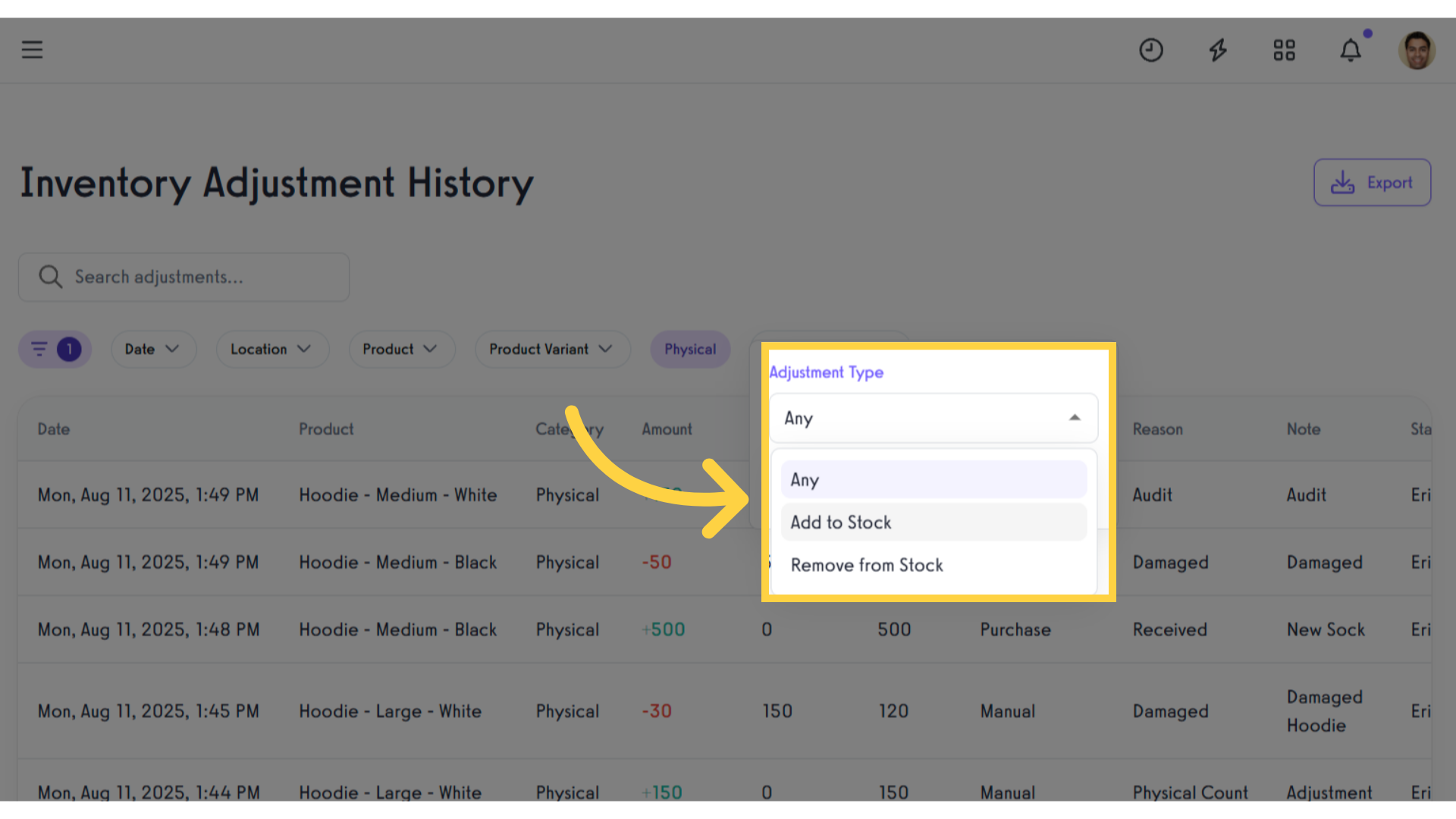 Filter by Adjustment Type