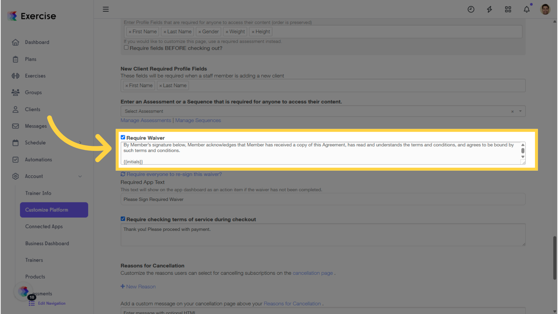 Add the initials ({{initials}}) in the Require Waiver field.