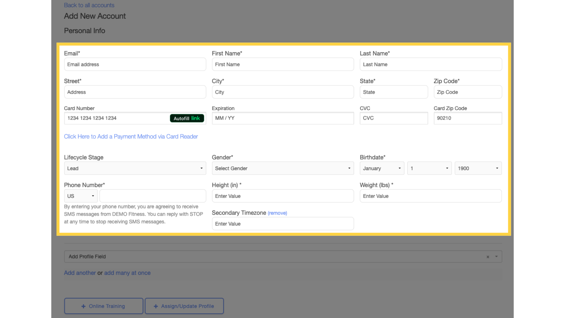 Fill in the clientâs personal information in the provided fields.