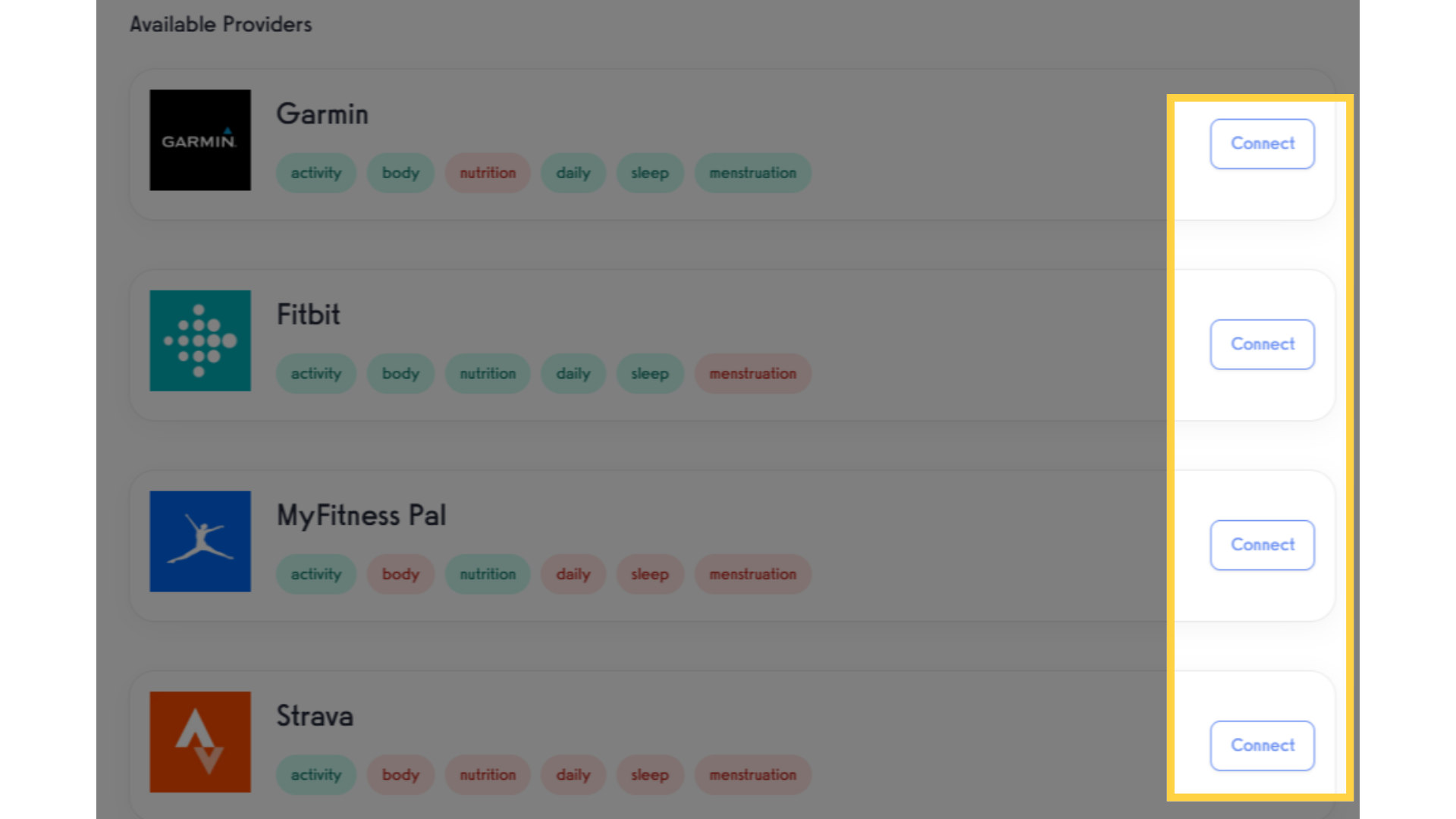 Click 'Connect' on the available provider you want to connect to.