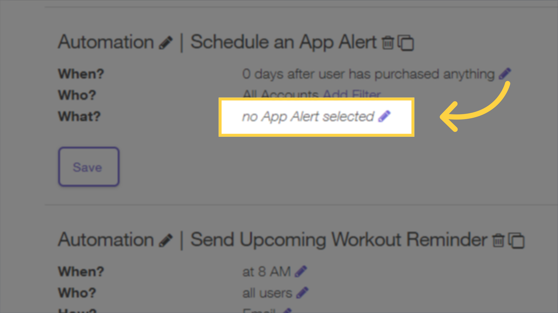 Click the edit icon next to 'no App Alert selected'.