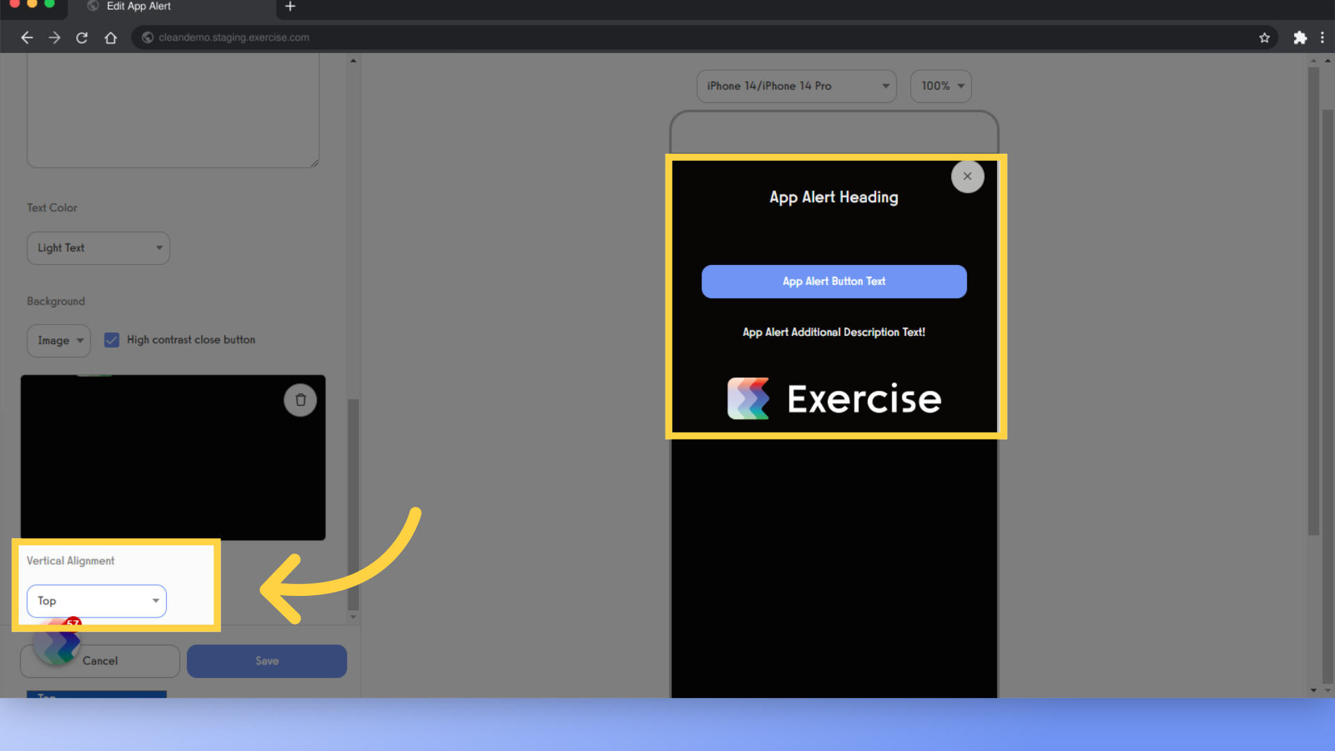The Vertical Alignment setting allows you to pin your main App Alert content (Heading, Hero Image, Text, and Button) to the Top, Center, or Bottom of the App Alert.