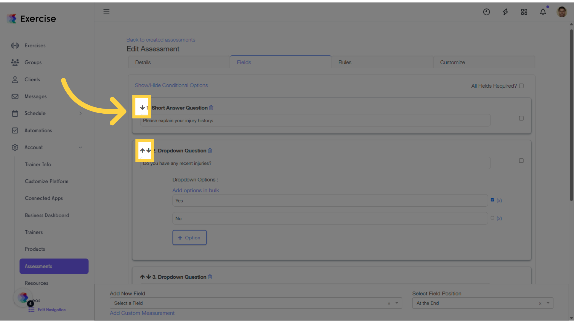 Rearrange assessment questions using the arrow controls.