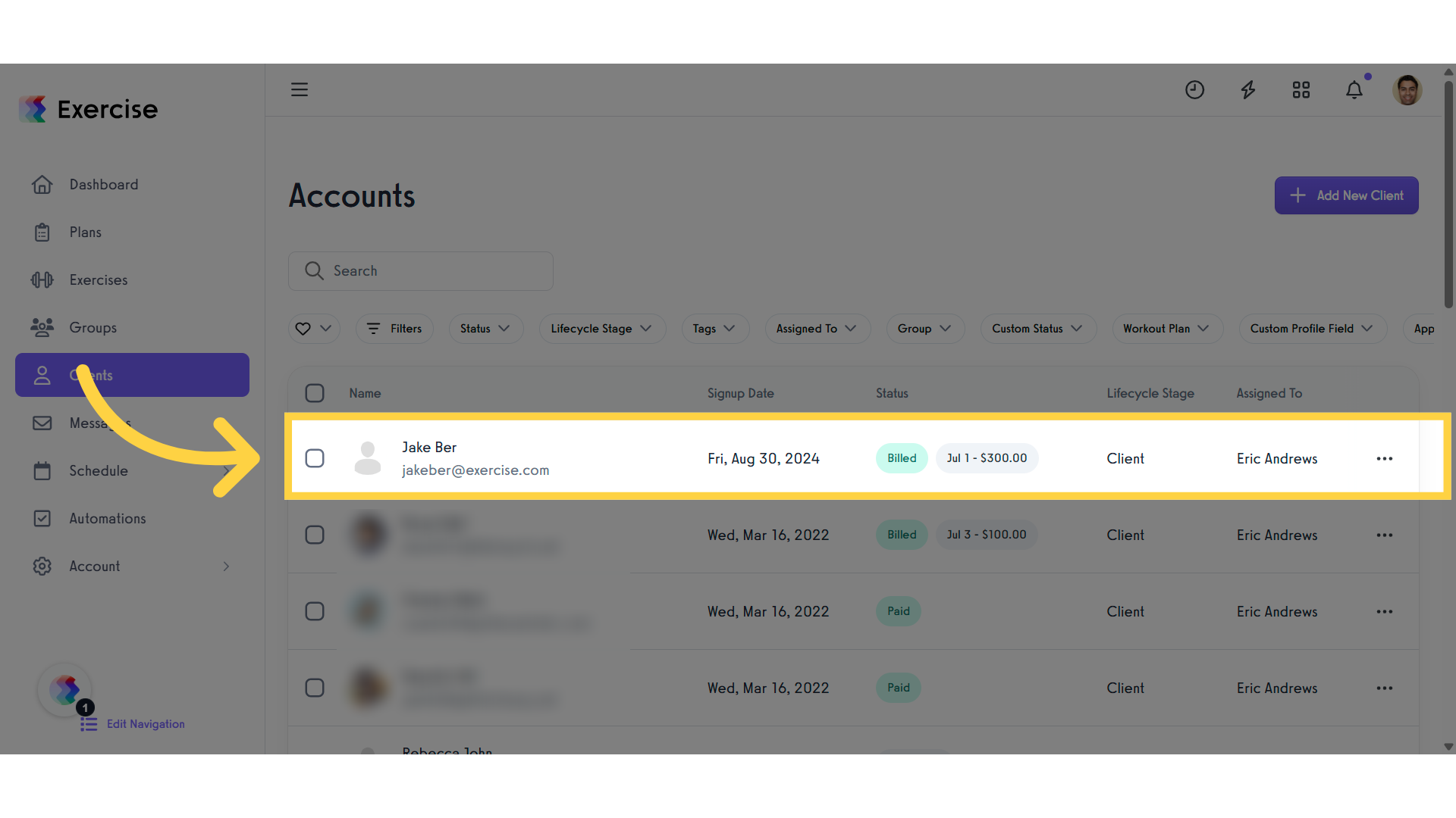 Select a client from the client list.