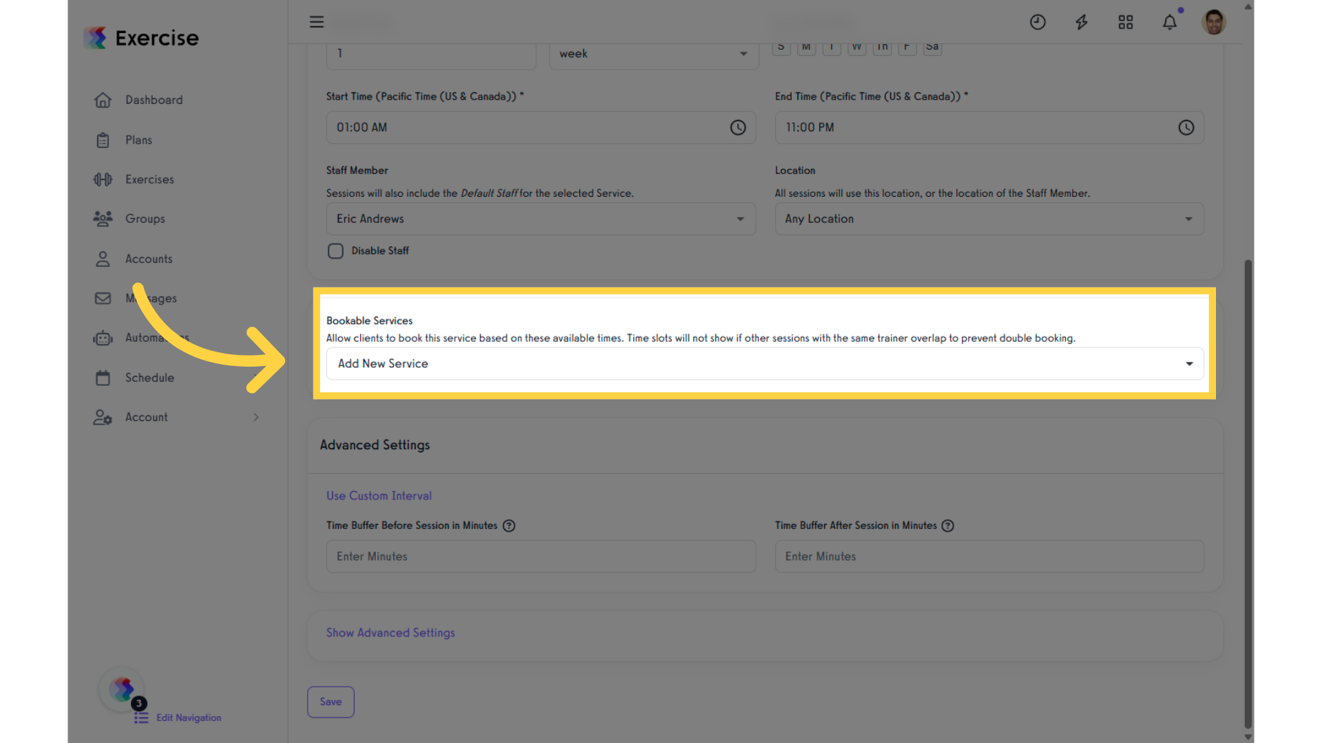 Select the available services from the dropdown list.