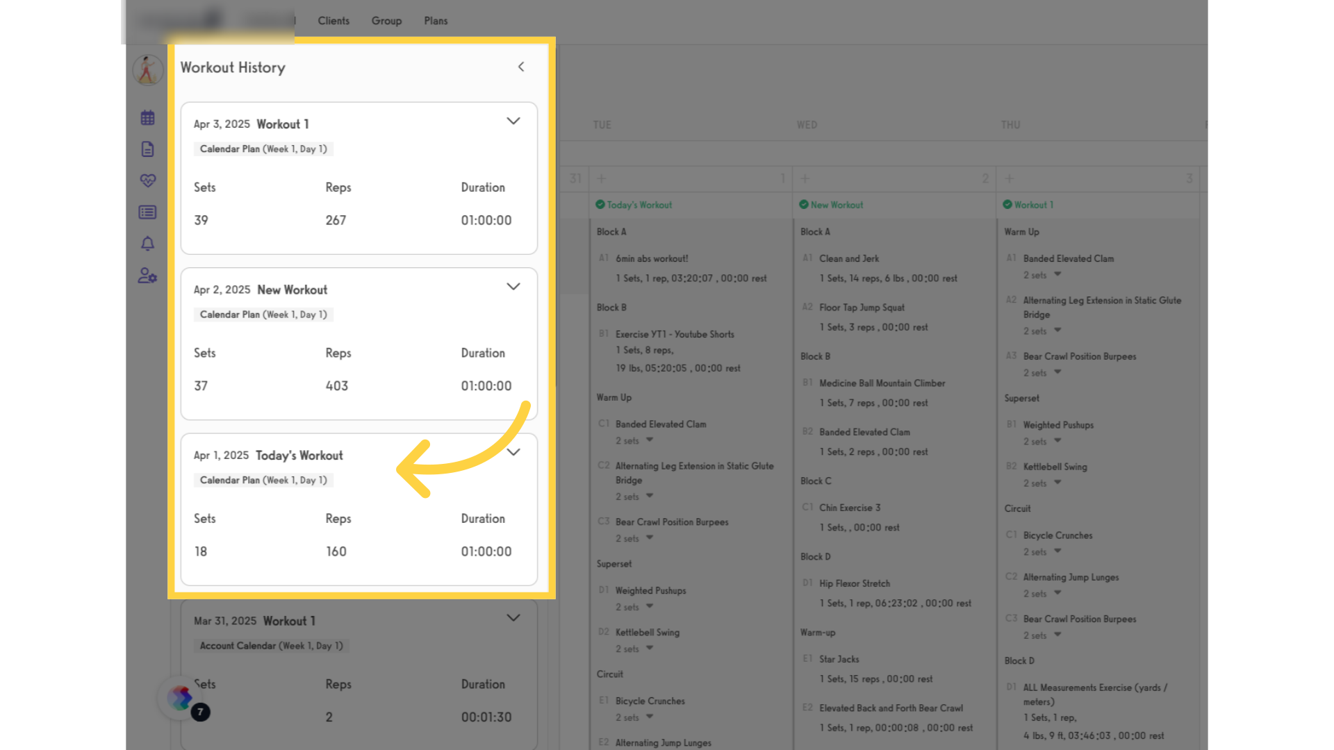 View the client's workout history.