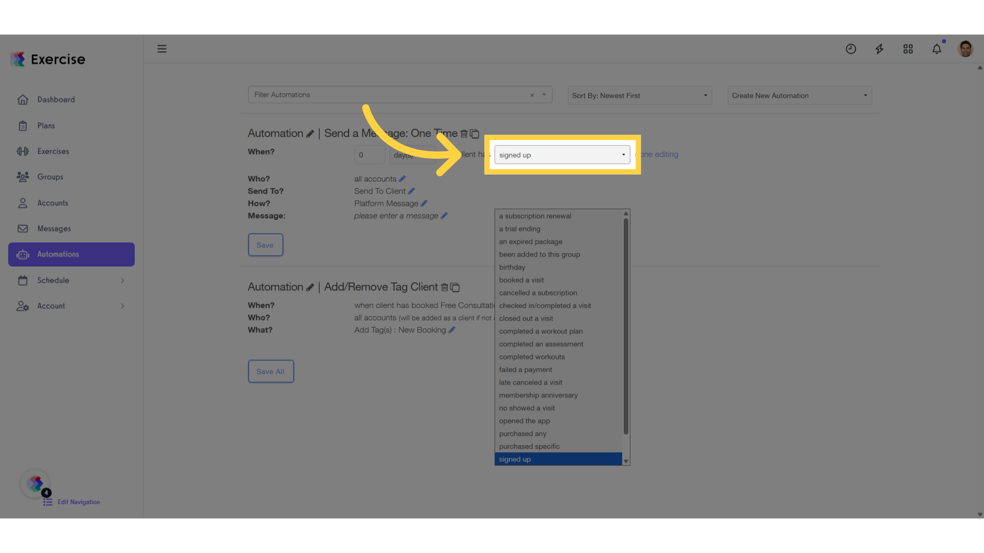 Select the option of the tag added to a client.