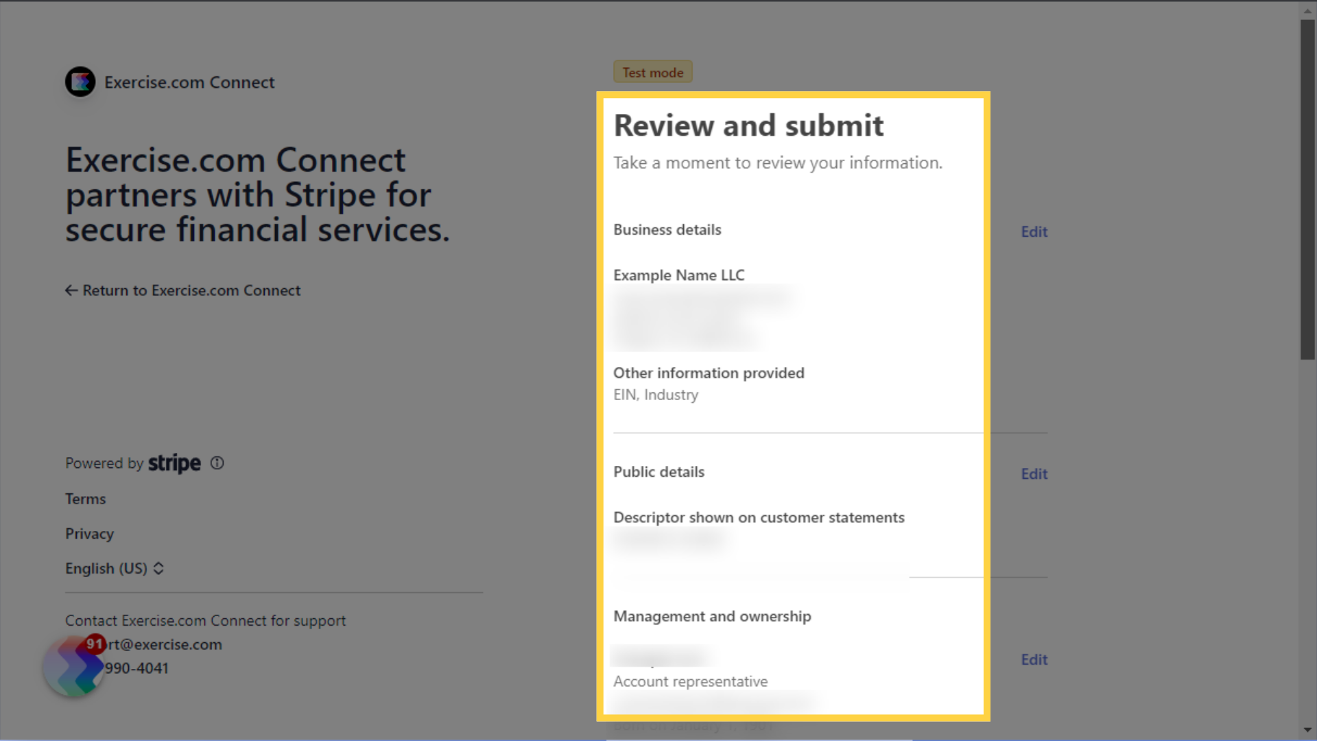 Review your account details and submit them to complete your account setup.