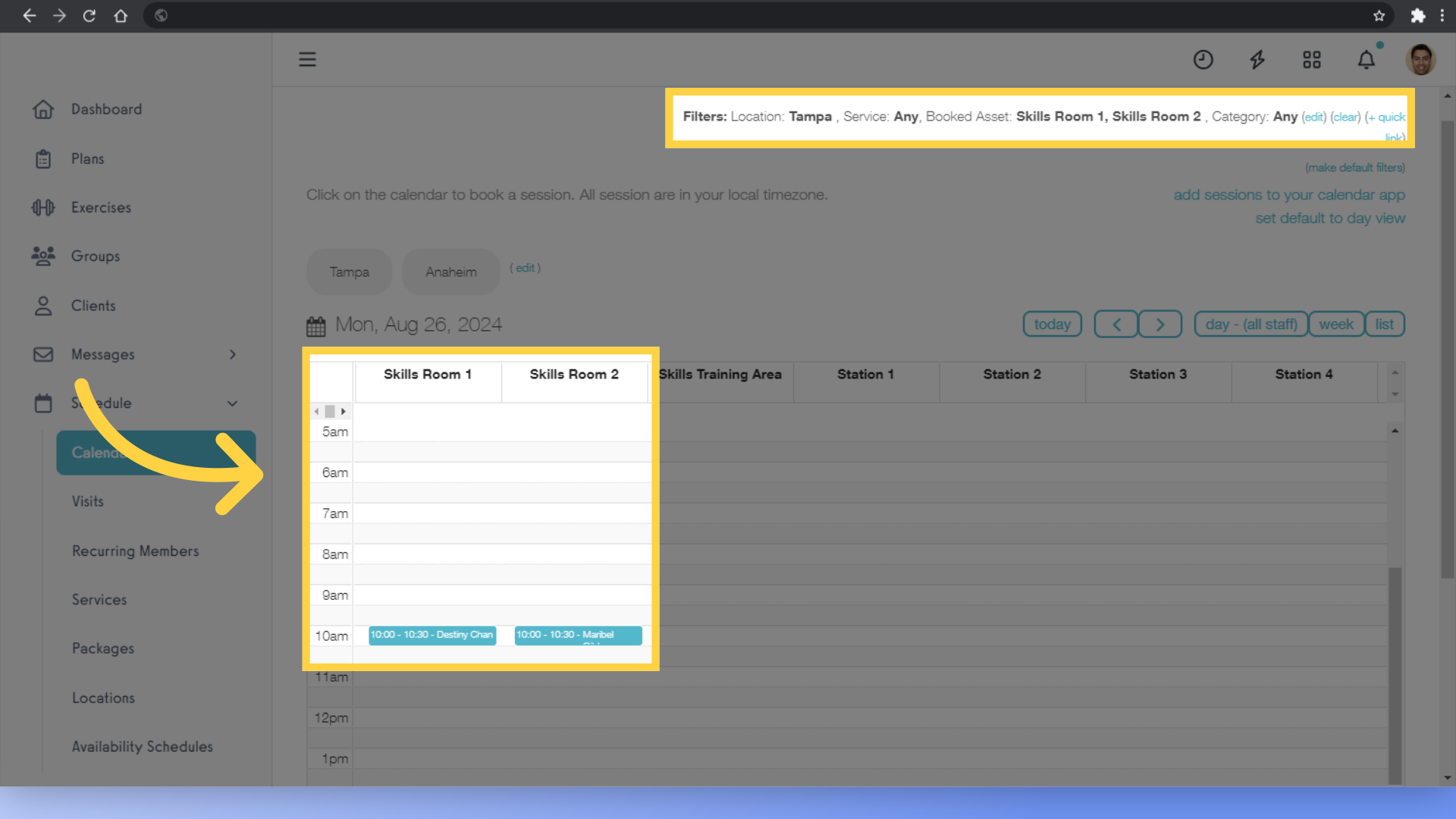 The schedule will only show sessions using the Asset(s) that you selected.