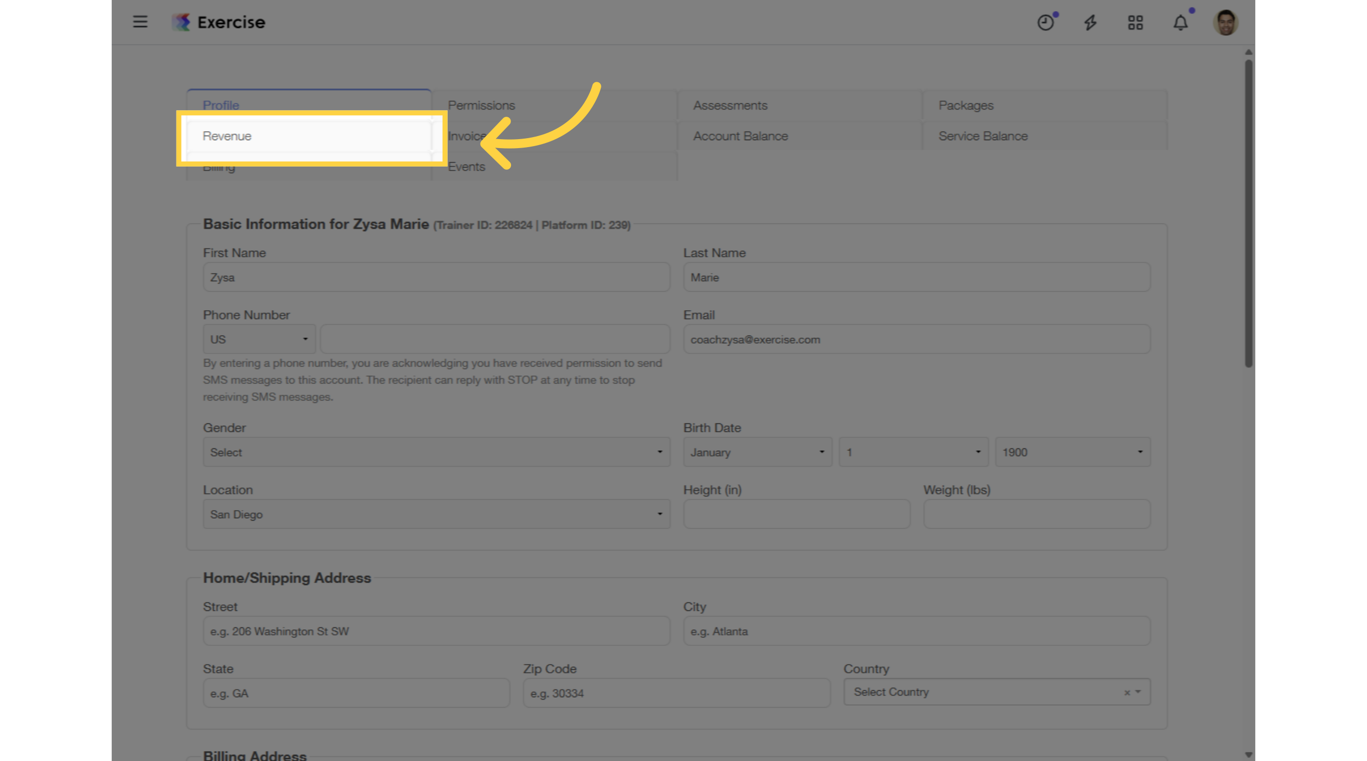 Click on the “Revenue” tab.